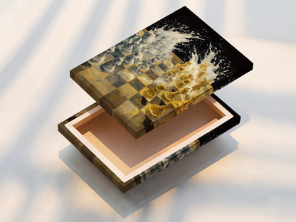 This is a stretched canvas print ready to hang. The artwork features an abstract chess game. The neutral colors and modern style make it a versatile piece. It will complement any room in your home or office.