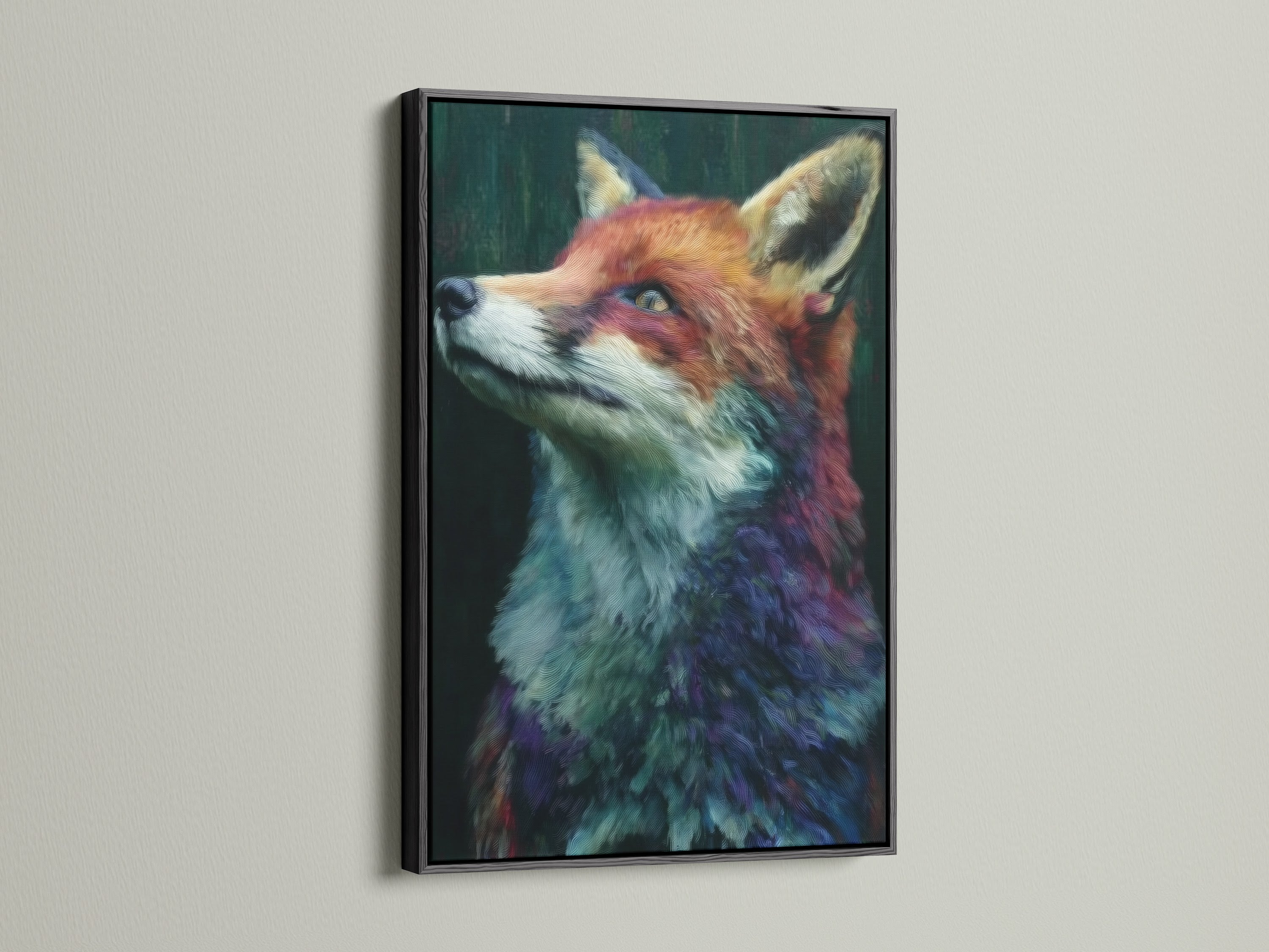 Fox portrait canvas artwork with a black frame. This modern animal artwork adds a bold statement to your space. See how the deep blacks of the frame accentuate the vibrant colors of this wildlife print.