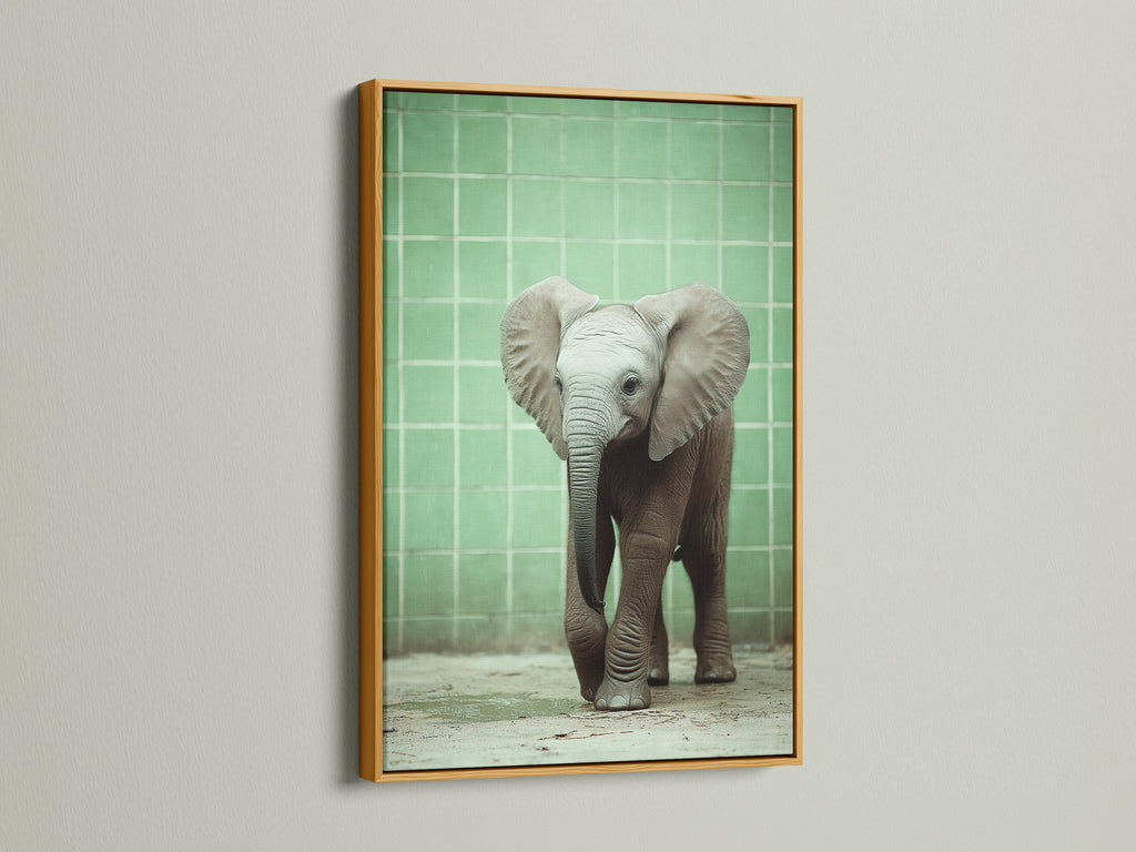 Baby Elephant artwork in a luxurious gold frame. This adds a touch of elegance to your kids room decor. Find beautiful safari animal art for your home. This animal artwork is a great addition to any space.