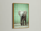 Baby Elephant artwork in a luxurious gold frame. This adds a touch of elegance to your kids room decor. Find beautiful safari animal art for your home. This animal artwork is a great addition to any space.
