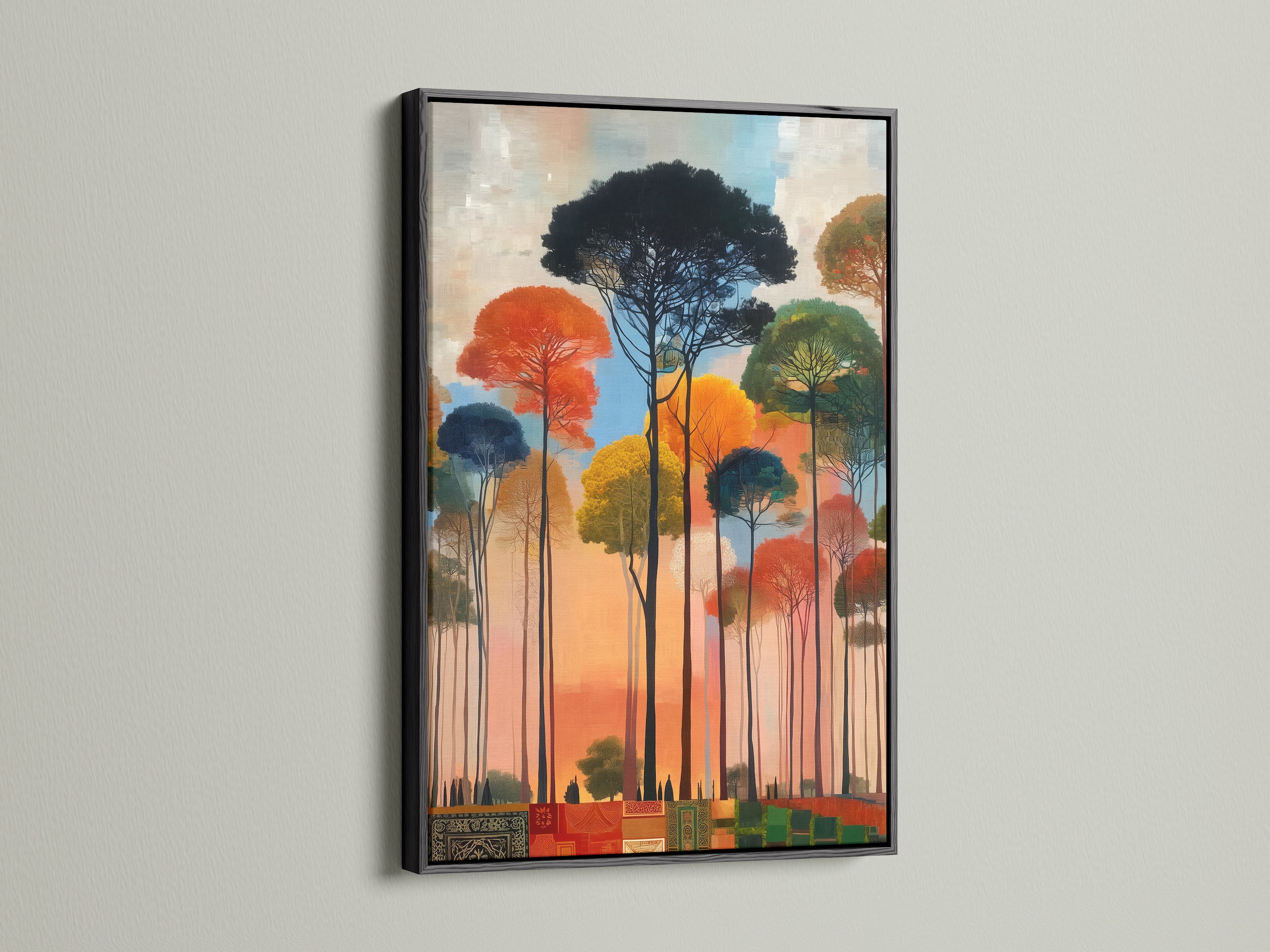 Abstract Forest artwork in a sleek black frame enhances its contemporary appeal. The colorful trees stand out against the dark frame. It's a stunning piece of modern nature art. Elevate your office or living room with this contemporary print.