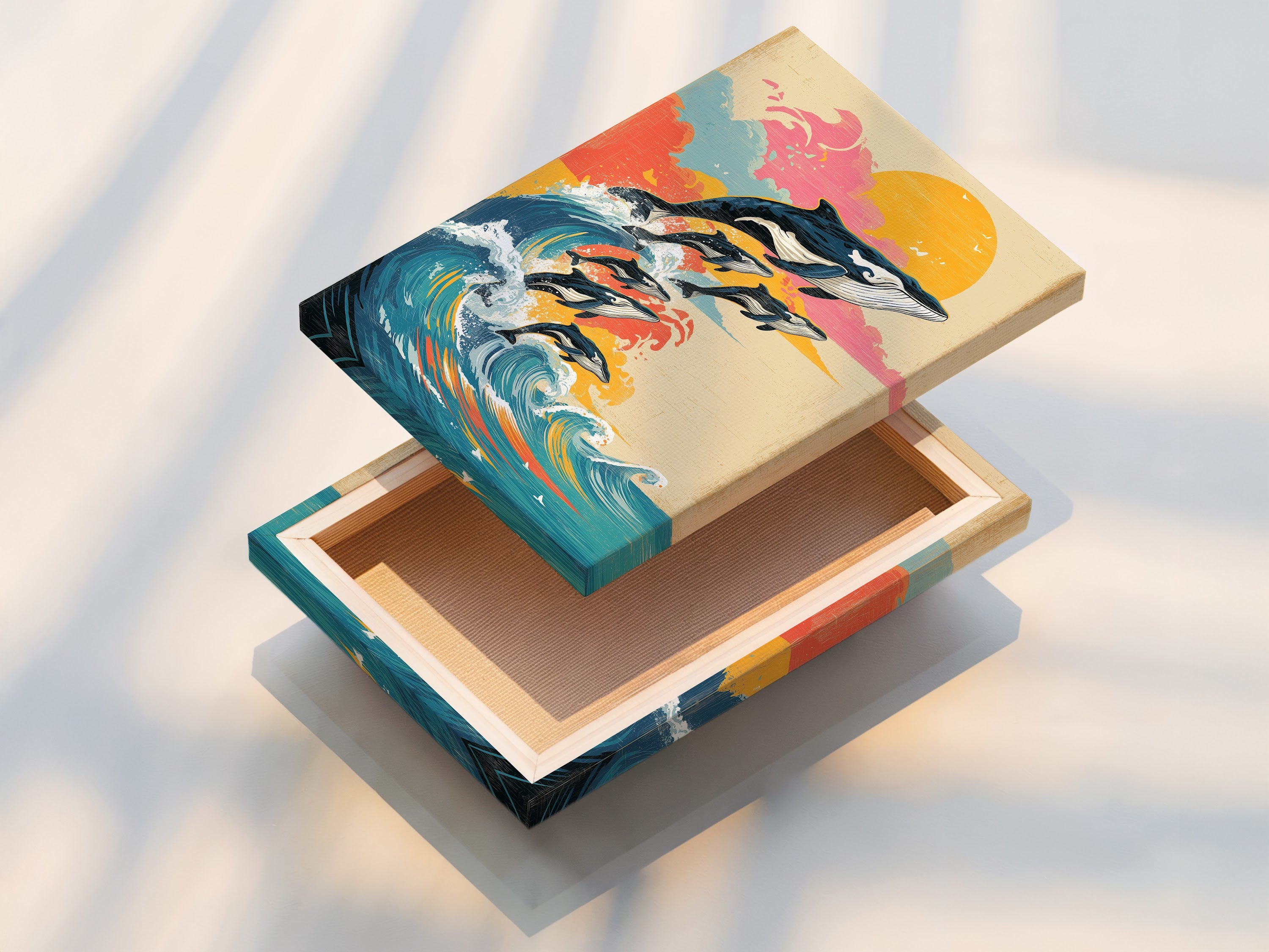 Stretched canvas print of whale ocean artwork. This vintage marine artwork displays a sunset wave canvas print. The canvas adds texture and depth to the artwork. Ready to hang and enjoy. Ideal for coastal wall decor and marine wall decor.