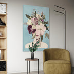 Whimsical floral artwork featuring a woman&#39;s face partially concealed by soft-hued blossoms, making a stylish statement as a canvas print painting.