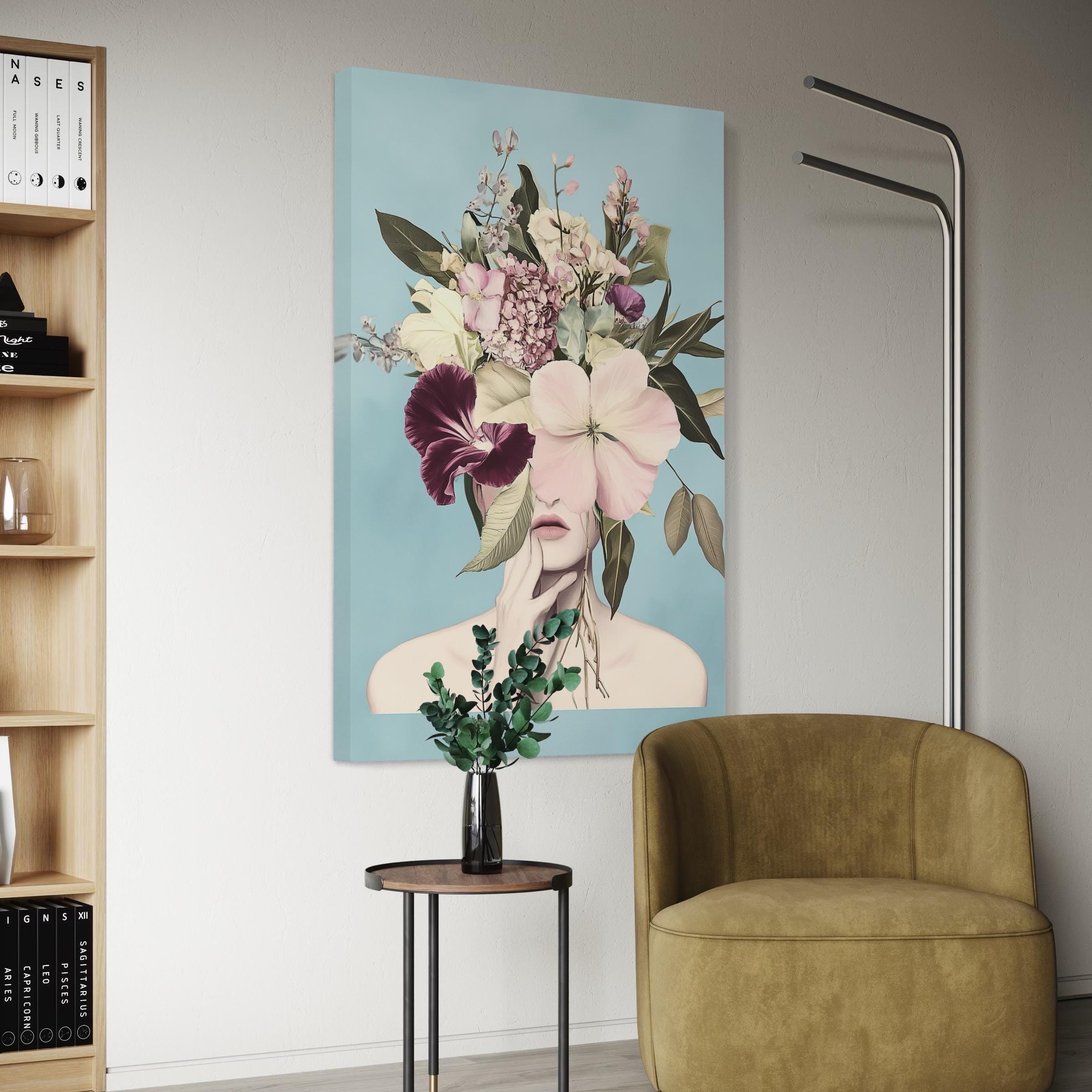 Whimsical floral artwork featuring a woman&#39;s face partially concealed by soft-hued blossoms, making a stylish statement as a canvas print painting.