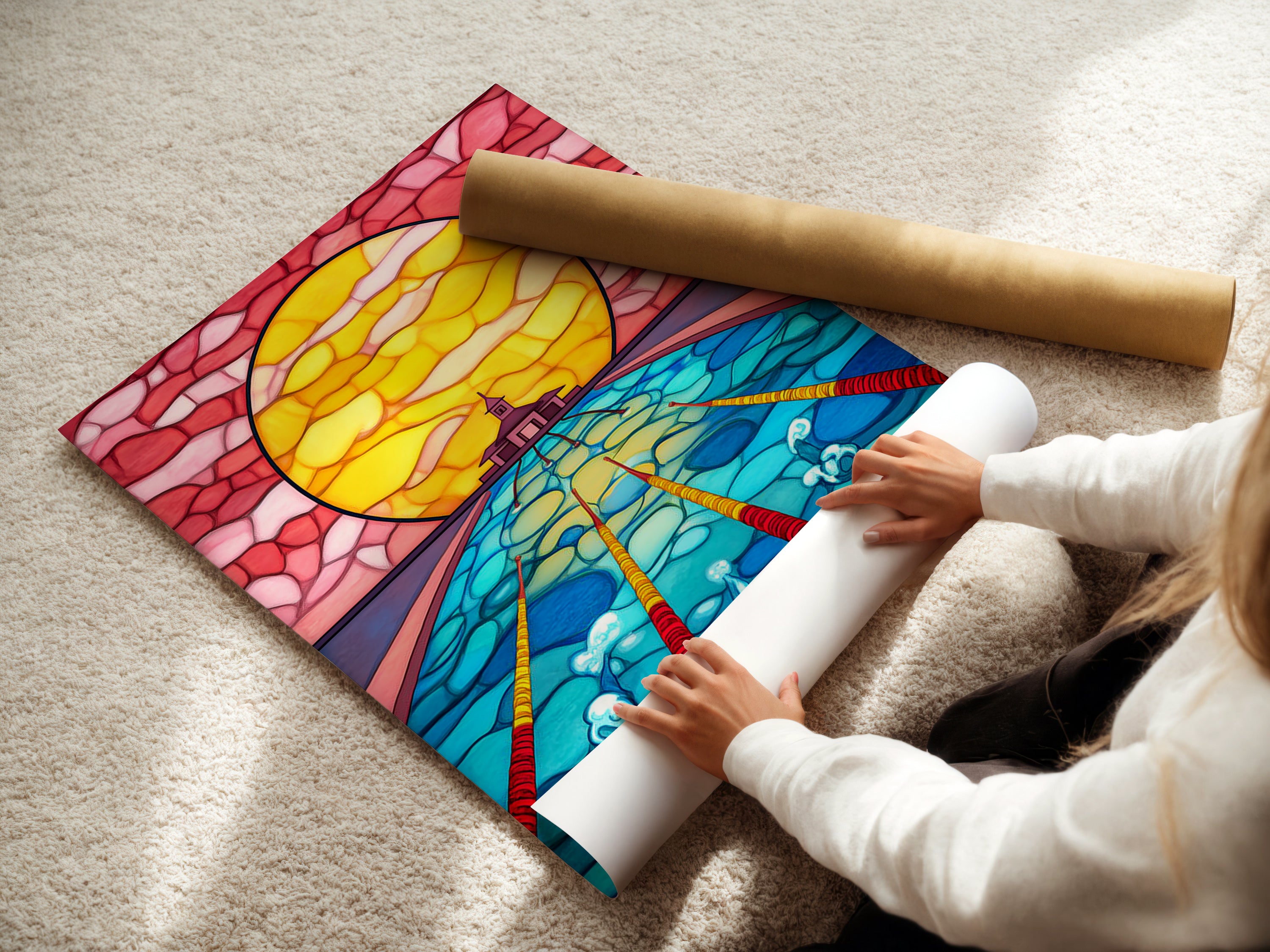 A woman is carefully rolling a fine art poster paper. The Stained Glass Ocean Artwork is ready for display. This underwater art is perfect for any home. The mosaic style wall art adds beauty.