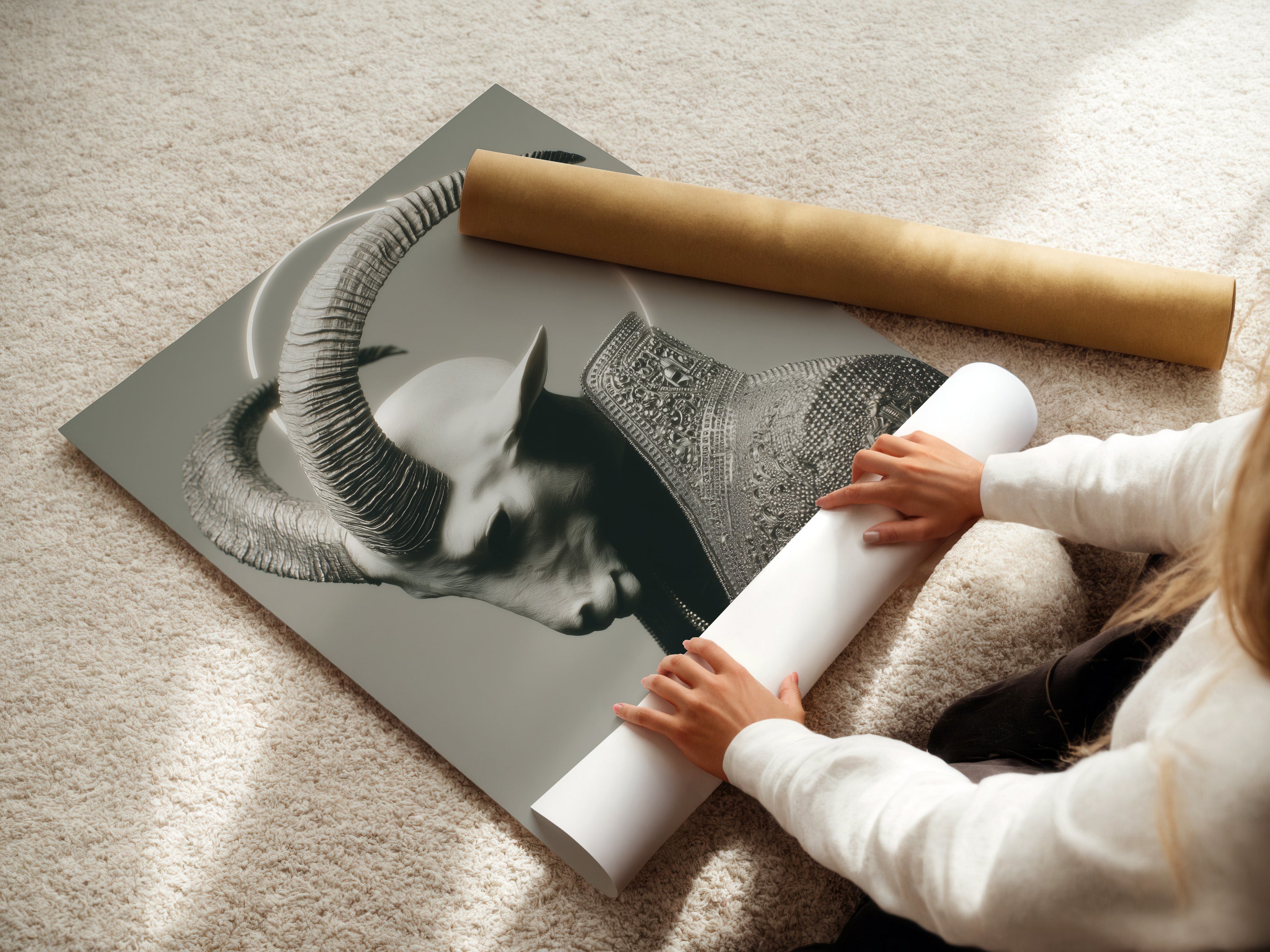 A woman is carefully rolling a fine art poster paper print. The paper is high-quality. It ensures the dark surreal portrait and gothic horned figure art look their best. This is perfect for gothic home decor.