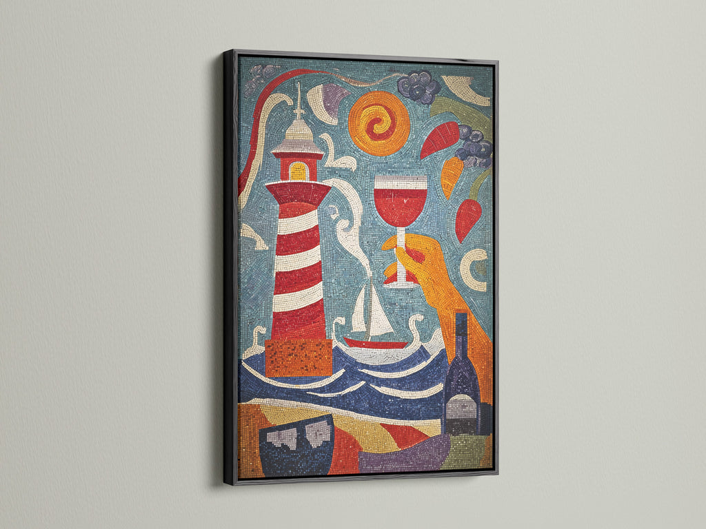 Coastal Canvas Artwork with a black frame. This nautical wall art features a beautiful lighthouse. It enhances bathroom seaside decor. The maritime decor adds a touch of elegance. The primary color is blue. It is perfect for coastal themed rooms.