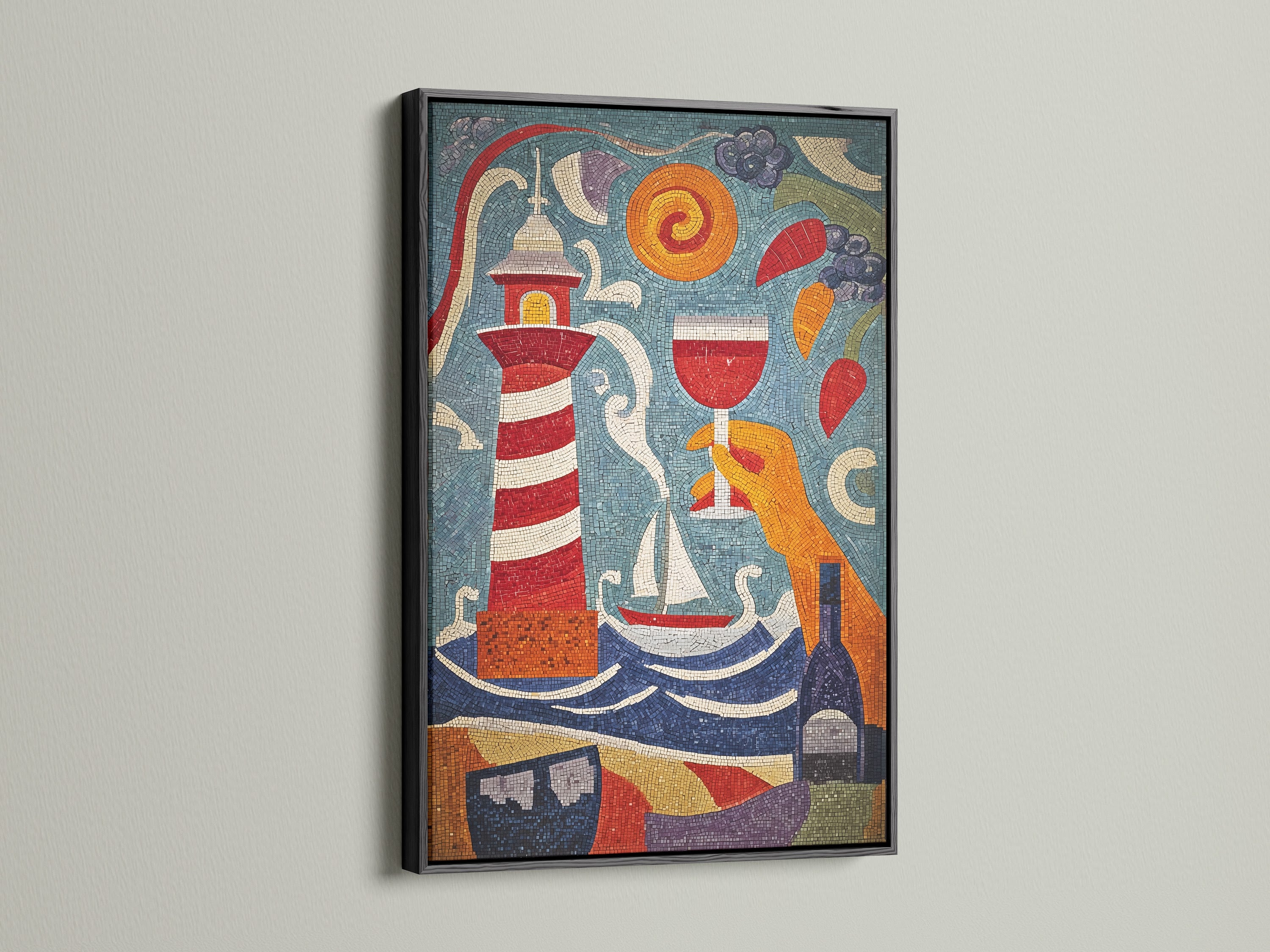Coastal Canvas Artwork with a black frame. This nautical wall art features a beautiful lighthouse. It enhances bathroom seaside decor. The maritime decor adds a touch of elegance. The primary color is blue. It is perfect for coastal themed rooms.