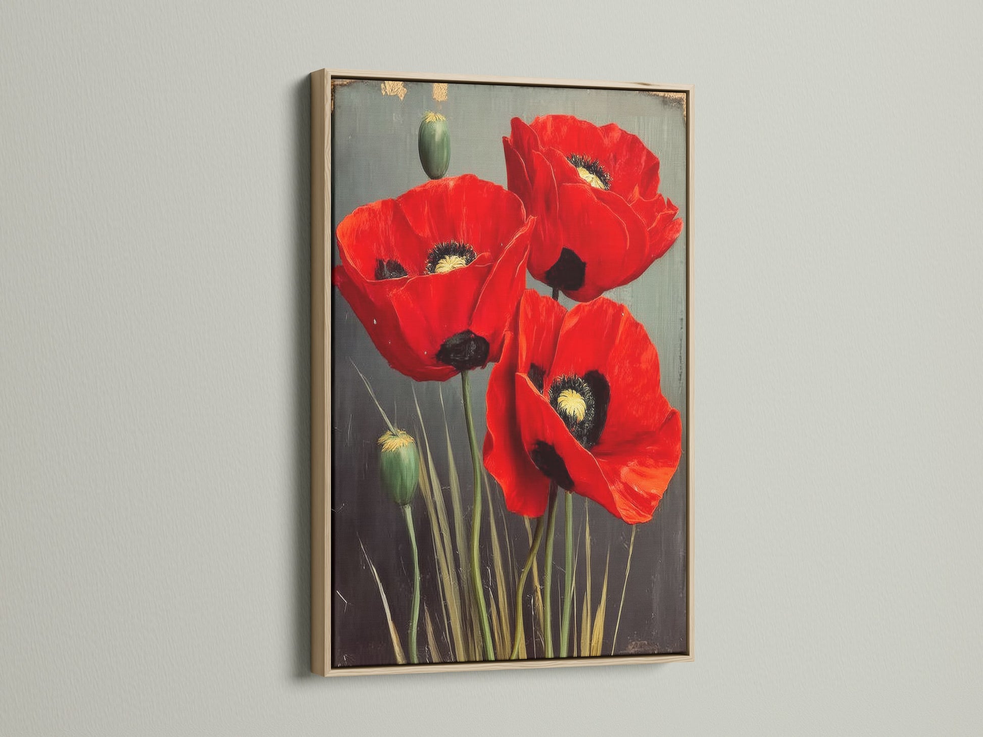 This is a close up of a red poppy floral artwork in an oak frame. The flower canvas adds vintage decor to any space. It is perfect for homeowners and renters looking to add botanical wall art. Consider this flower artwork for your home.