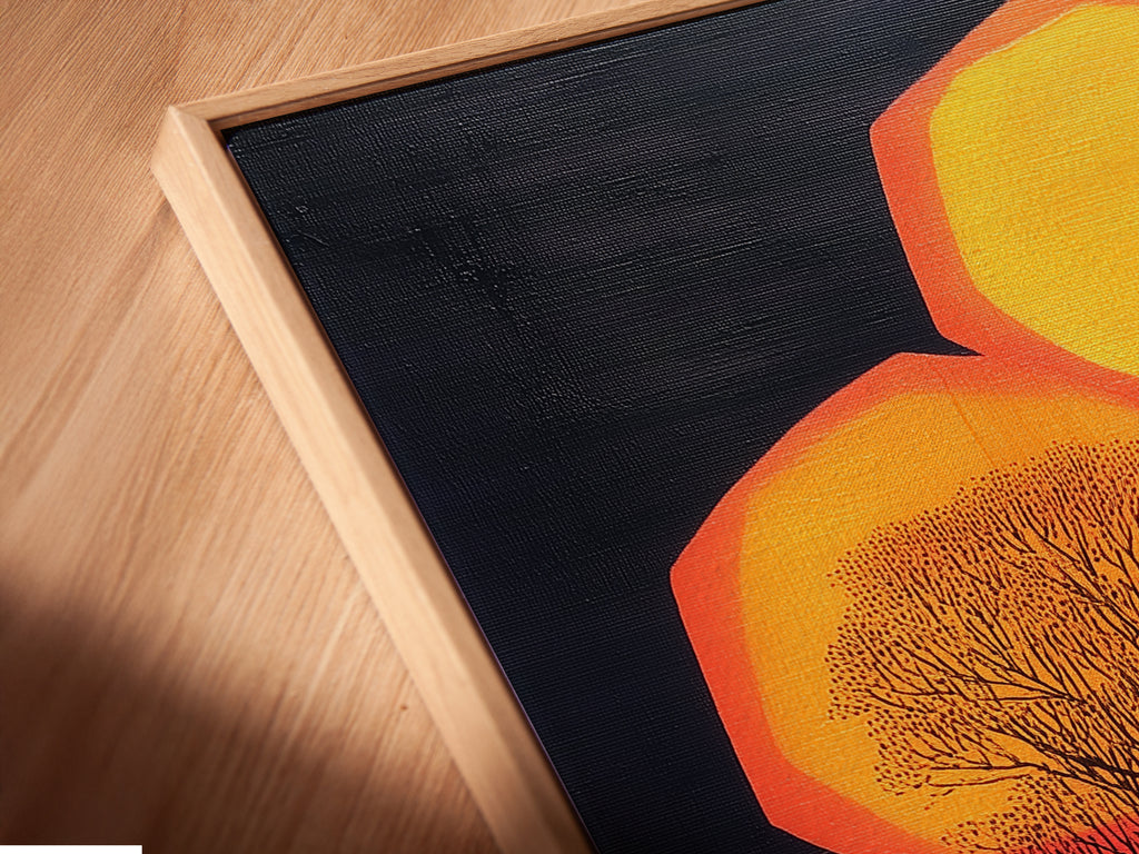 Close-up of a canvas print with a floating frame. The abstract tree art makes a statement. Perfect modern wall decor for minimalist and eclectic interiors. Discover the details of this fine art piece.