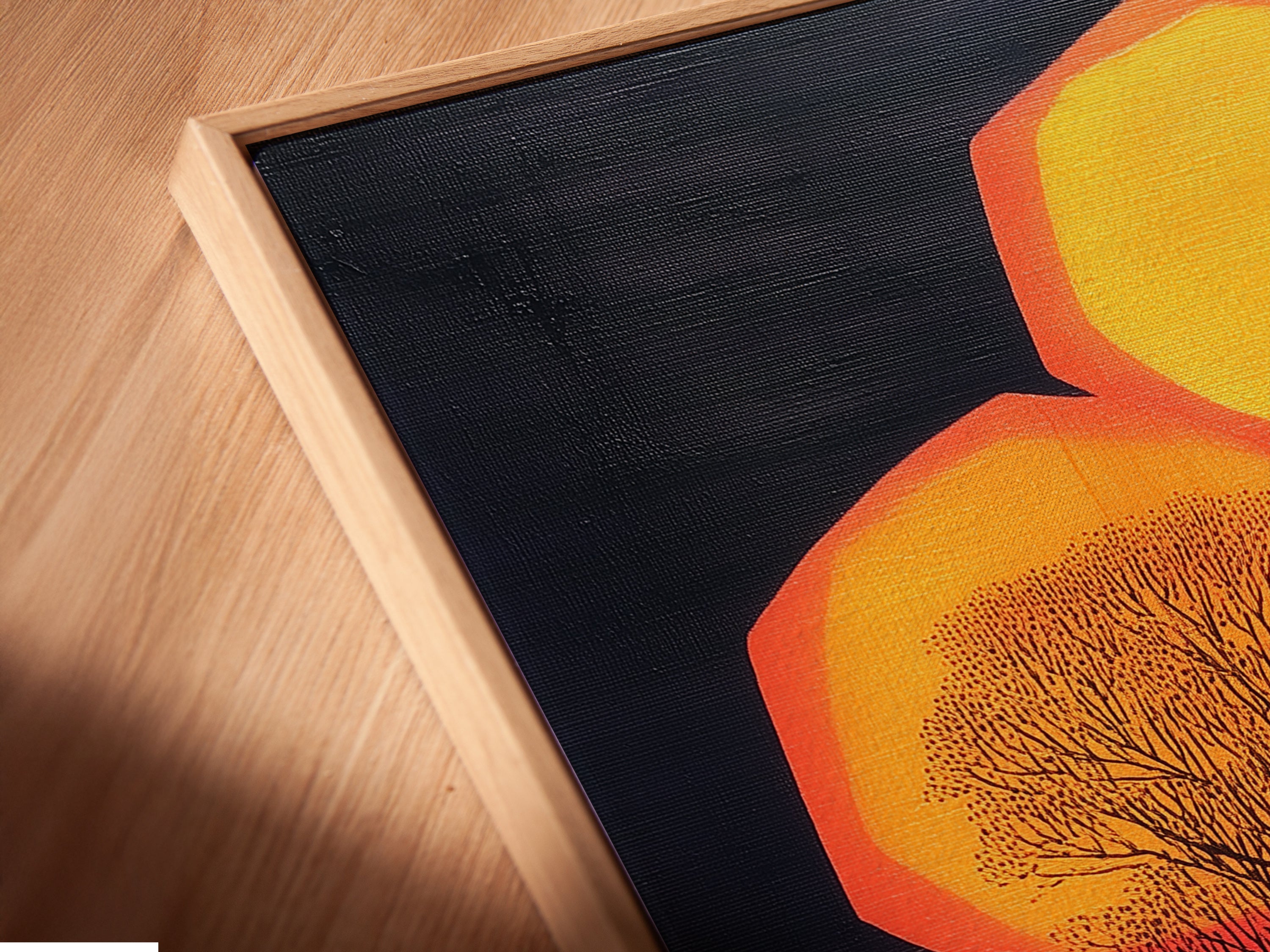 Close-up of a canvas print with a floating frame. The abstract tree art makes a statement. Perfect modern wall decor for minimalist and eclectic interiors. Discover the details of this fine art piece.