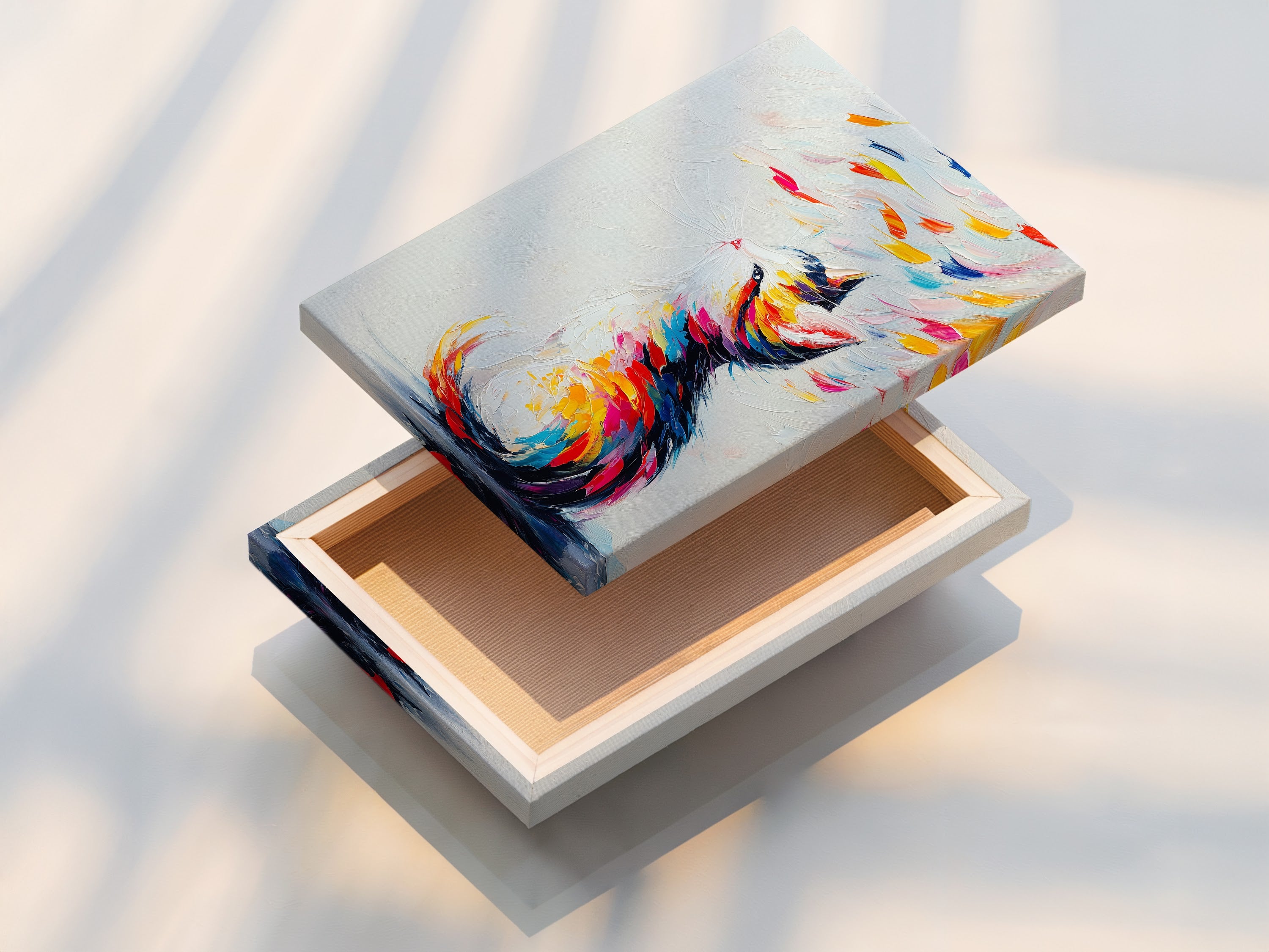 This image shows a stretched canvas print of a colorful cat artwork. The abstract pet is ready to hang. Its vibrant rainbow colors make it a focal point. It is perfect for modern minimalist or playful styles. This feline artwork enhances any room with its contemporary flair.