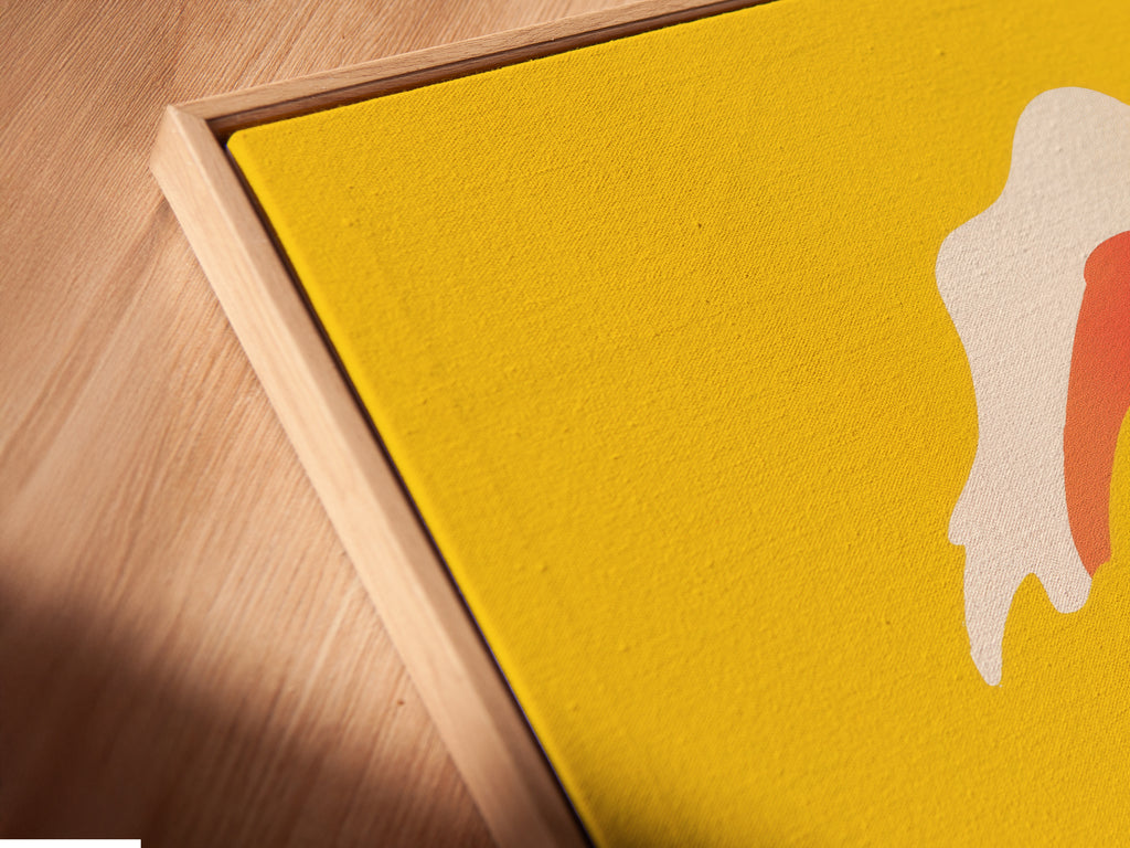 Angled close up reveals the textured detail of a canvas print set in a floating frame. This retro wave artwork appears to float adding a unique touch. Perfect surf art for modern beach house interiors brings the ocean's spirit.