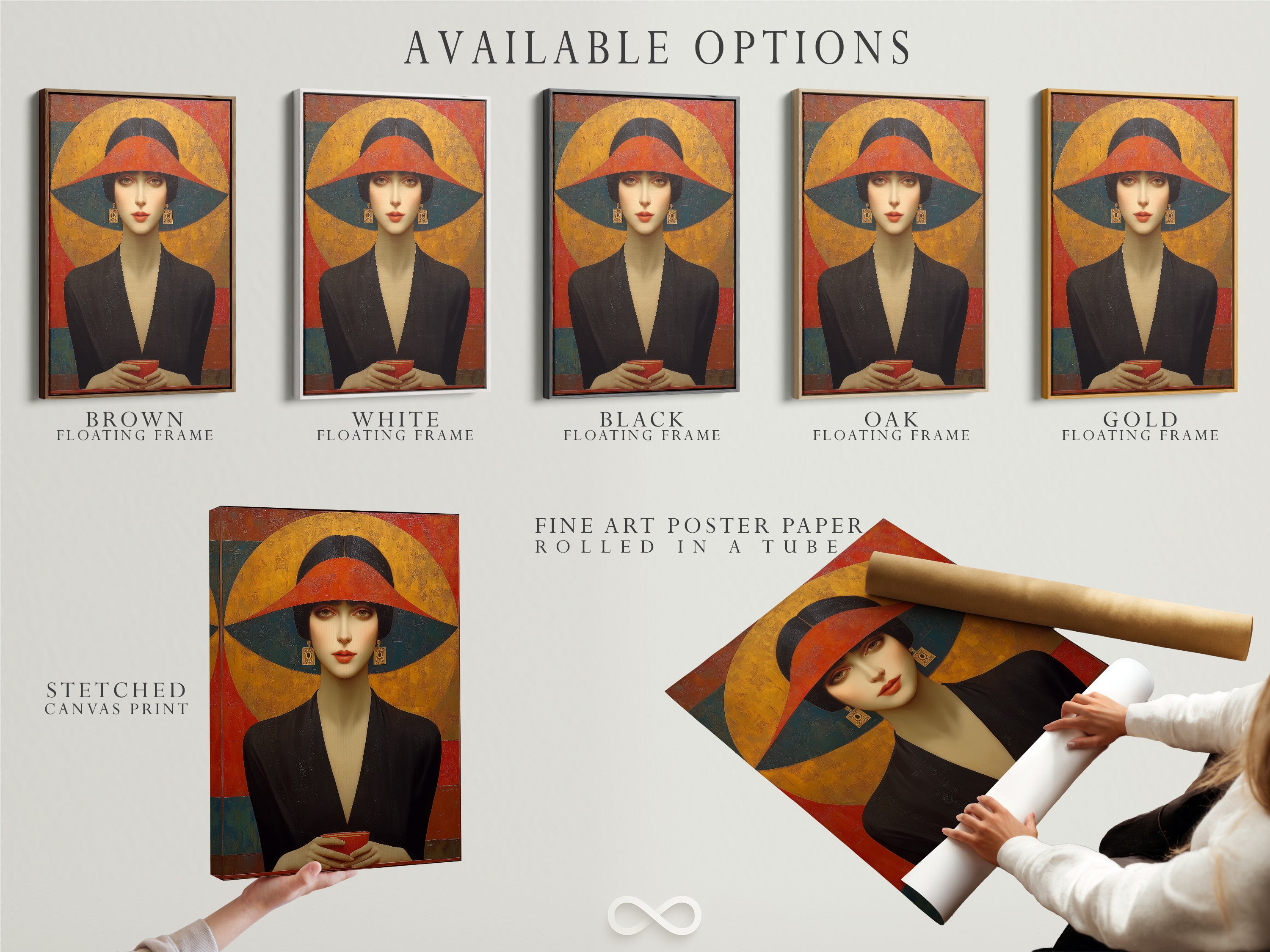 Available options include stretched canvas print fine art poster paper and floating frame. The art deco woman portrait is a vintage fashion canvas. Select your preferred format for this retro geometric wall art. Customize your art to fit your unique style.