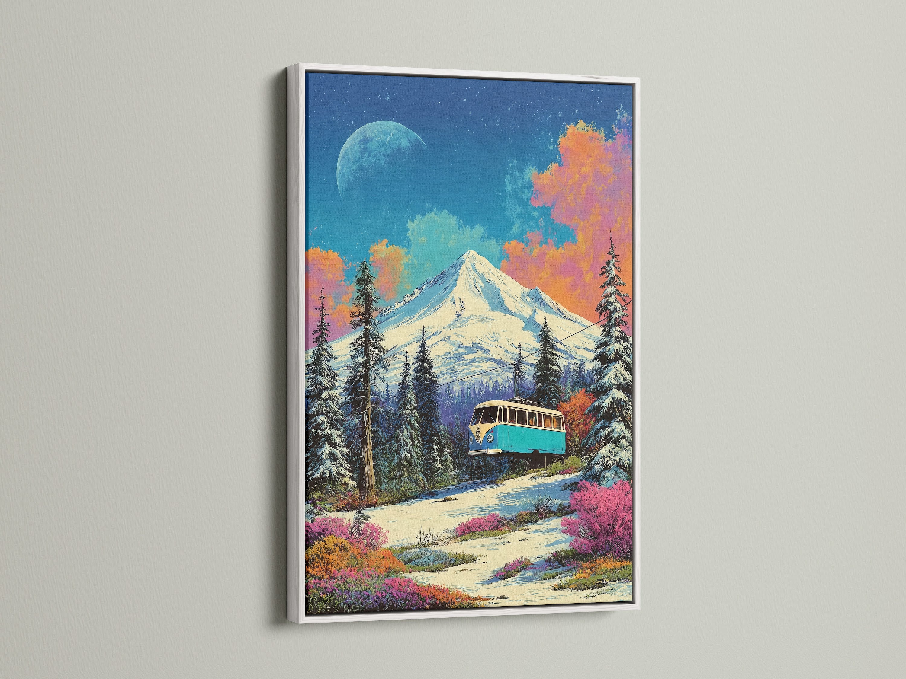 Vintage bus mountain artwork with a white frame. This adventure wall art brings a colorful landscape to your home. Its retro travel theme adds charm to any bedroom decor or living space.