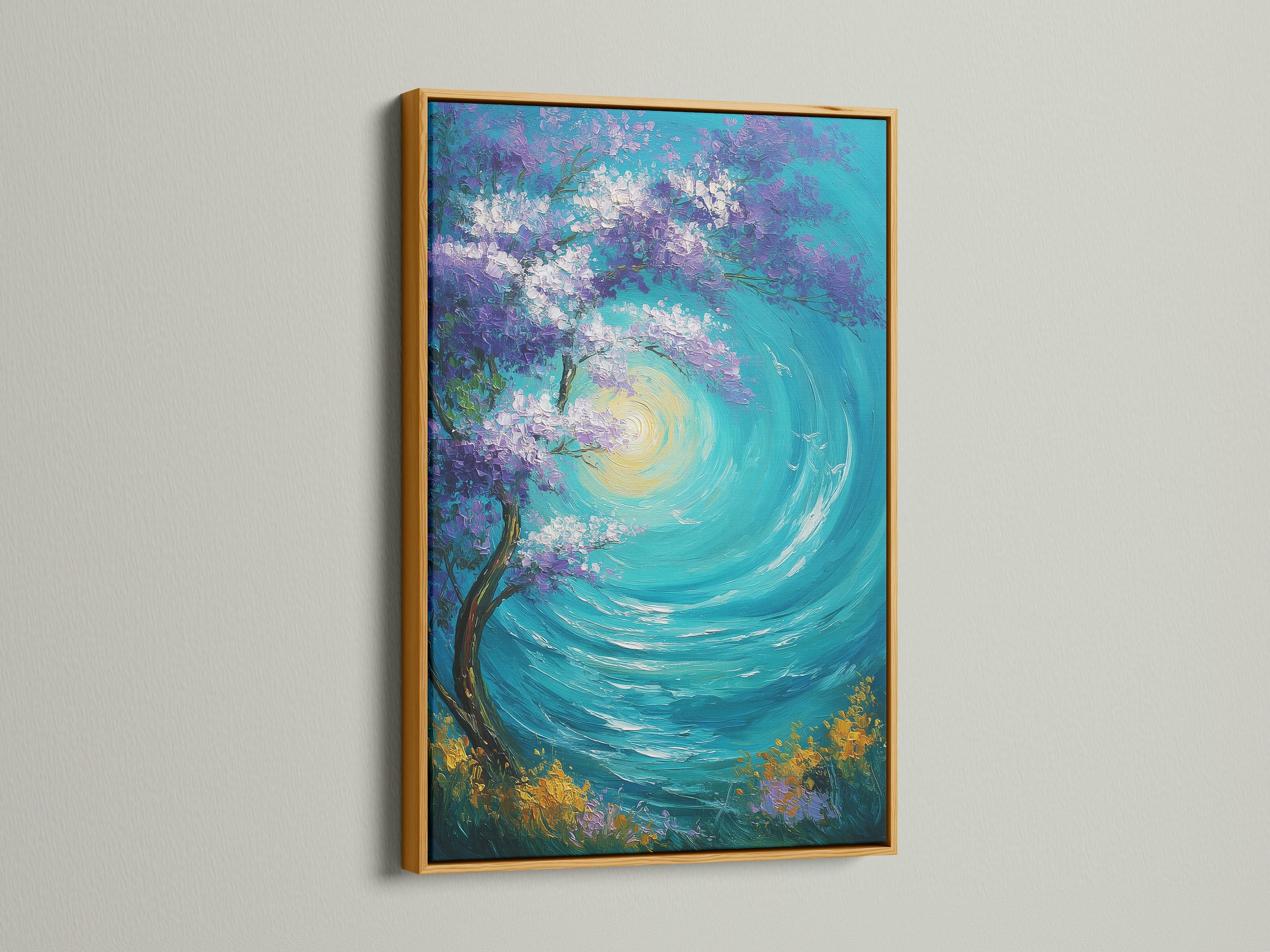 Artwork with a gold frame is displayed. The gold frame brings a touch of luxury and elegance. This art piece features an abstract tree with purple leaves and blue water. It will look great in any room. The frame enhances the overall aesthetic of the artwork.