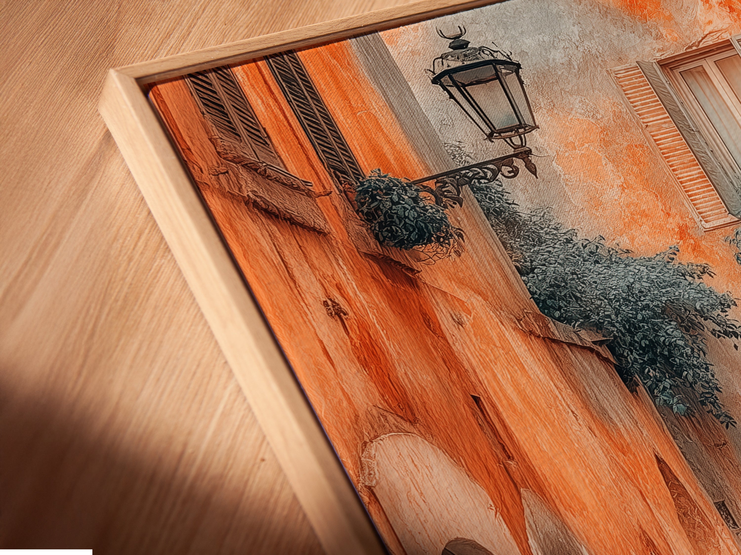 Close-up of a canvas print featuring Italian Village artwork. The artwork is displayed in a floating frame. The Tuscan architecture is captured with warm tones. Ideal for adding rustic charm to any space. Perfect travel photography.