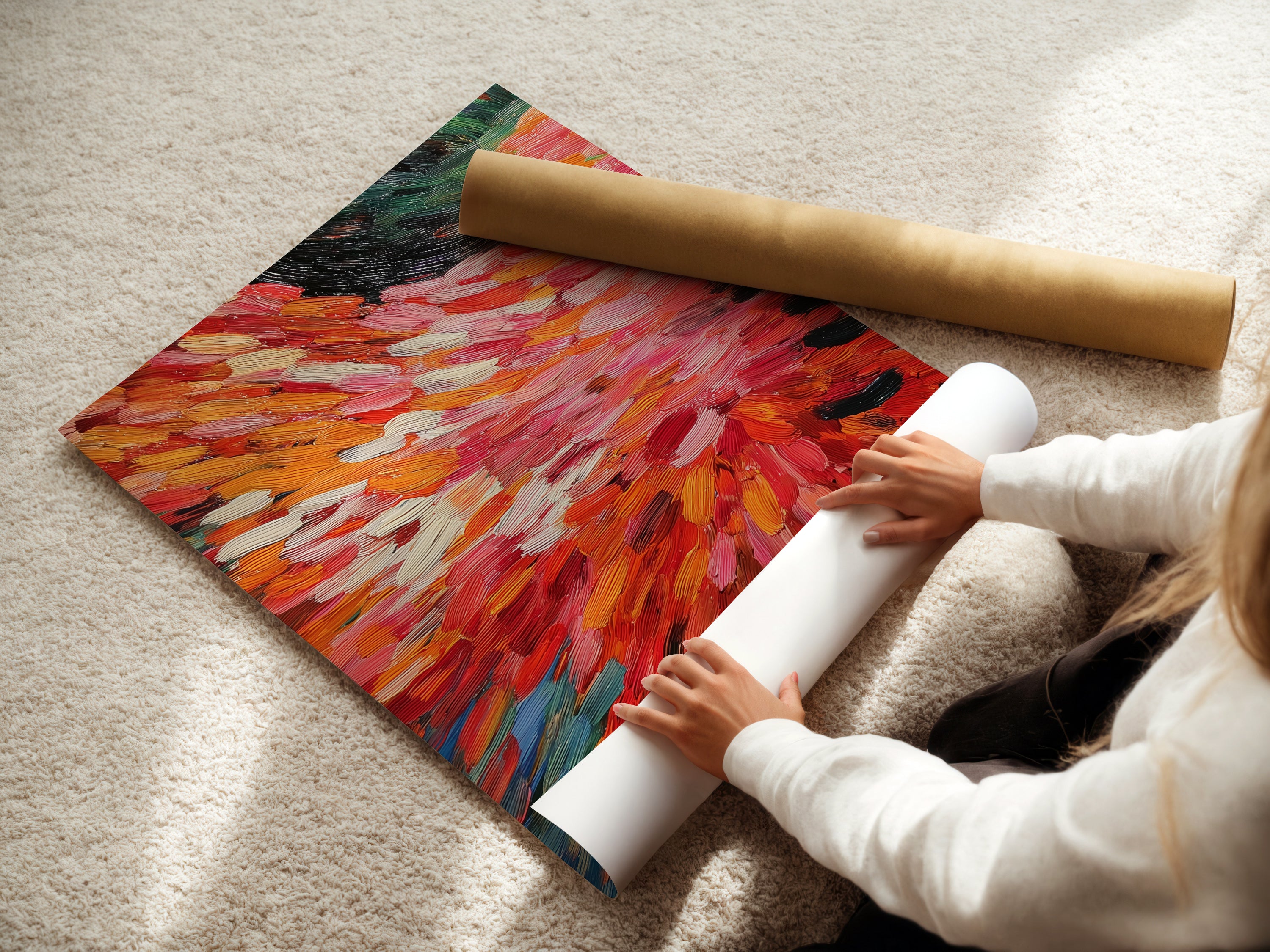 A woman is carefully rolling a fine art poster paper. This vibrant abstract burst artwork features dynamic brushstrokes in red and orange. Perfect for adding a pop of color to your walls. This artwork is ideal for modern minimalist or eclectic spaces.