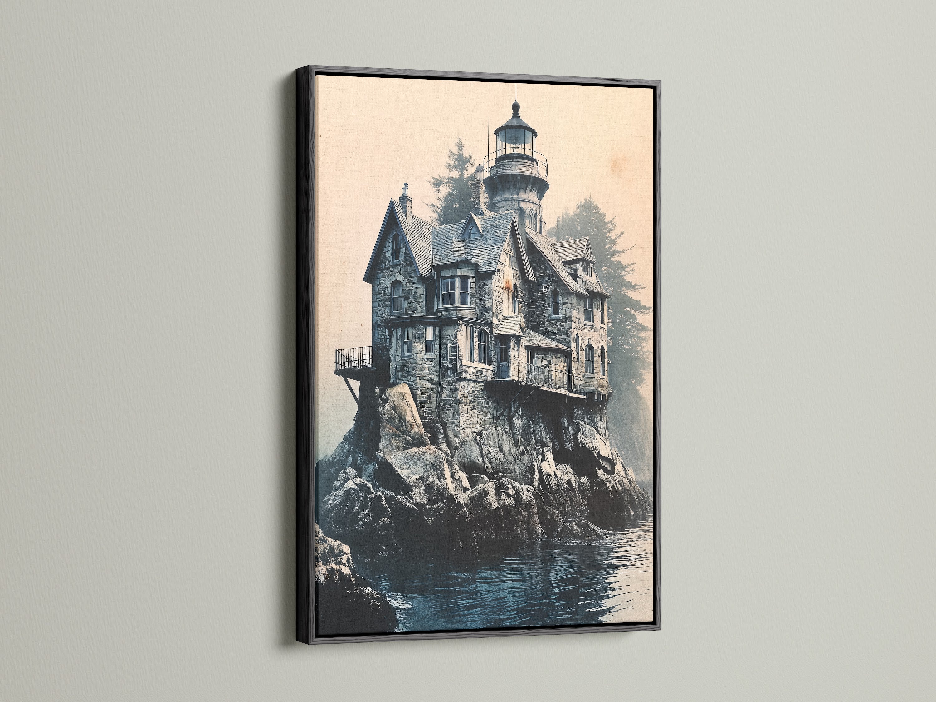 A black frame surrounds this Lighthouse Canvas Print. The artwork captures coastal architecture with an ocean view. The dark frame provides a striking contrast to the artwork. This canvas will make a bold statement in any room.
