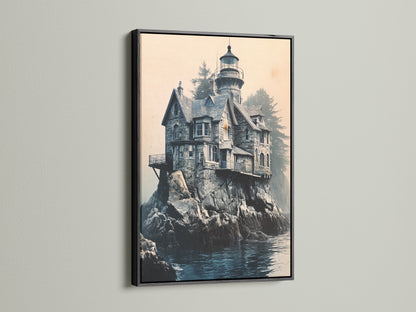 A black frame surrounds this Lighthouse Canvas Print. The artwork captures coastal architecture with an ocean view. The dark frame provides a striking contrast to the artwork. This canvas will make a bold statement in any room.