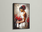Here is an artwork framed in black. It features a woman playing a piano. The contrast of the black frame makes the colors pop. The artwork adds a touch of elegance to any space. It is an eye-catching piece.