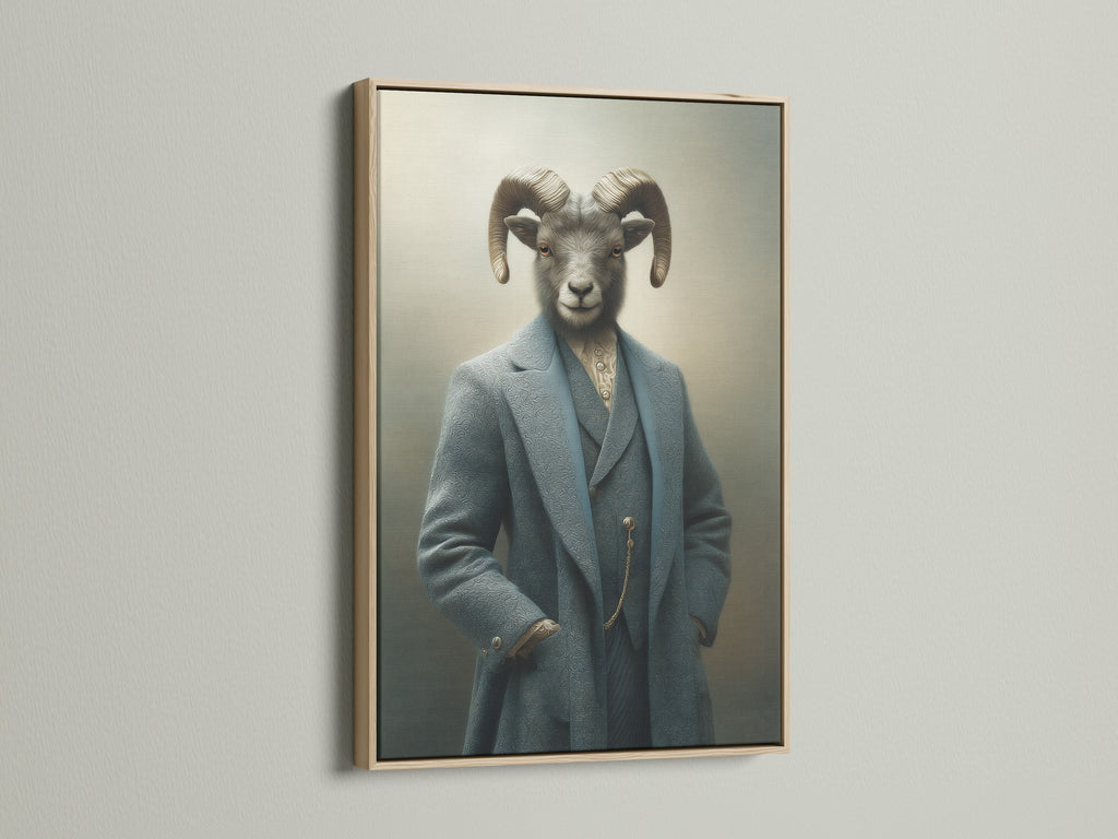 Ram Portrait canvas print in an oak frame. This gentleman animal art brings a vintage touch to your walls. Ideal for study rooms offices or creative studios. This anthropomorphic artwork adds character and charm to any space.