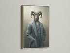 Ram Portrait canvas print in an oak frame. This gentleman animal art brings a vintage touch to your walls. Ideal for study rooms offices or creative studios. This anthropomorphic artwork adds character and charm to any space.