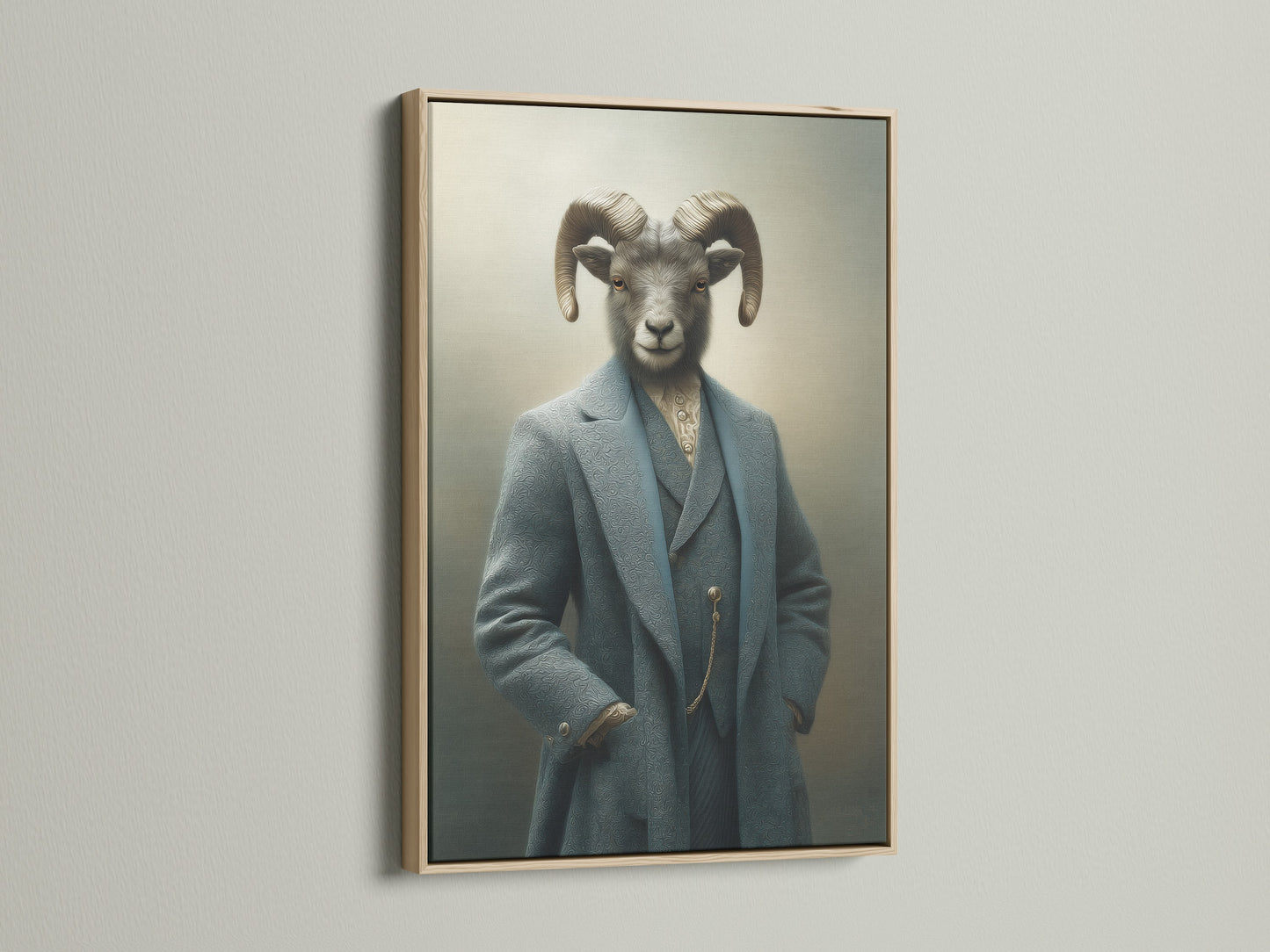 Ram Portrait canvas print in an oak frame. This gentleman animal art brings a vintage touch to your walls. Ideal for study rooms offices or creative studios. This anthropomorphic artwork adds character and charm to any space.