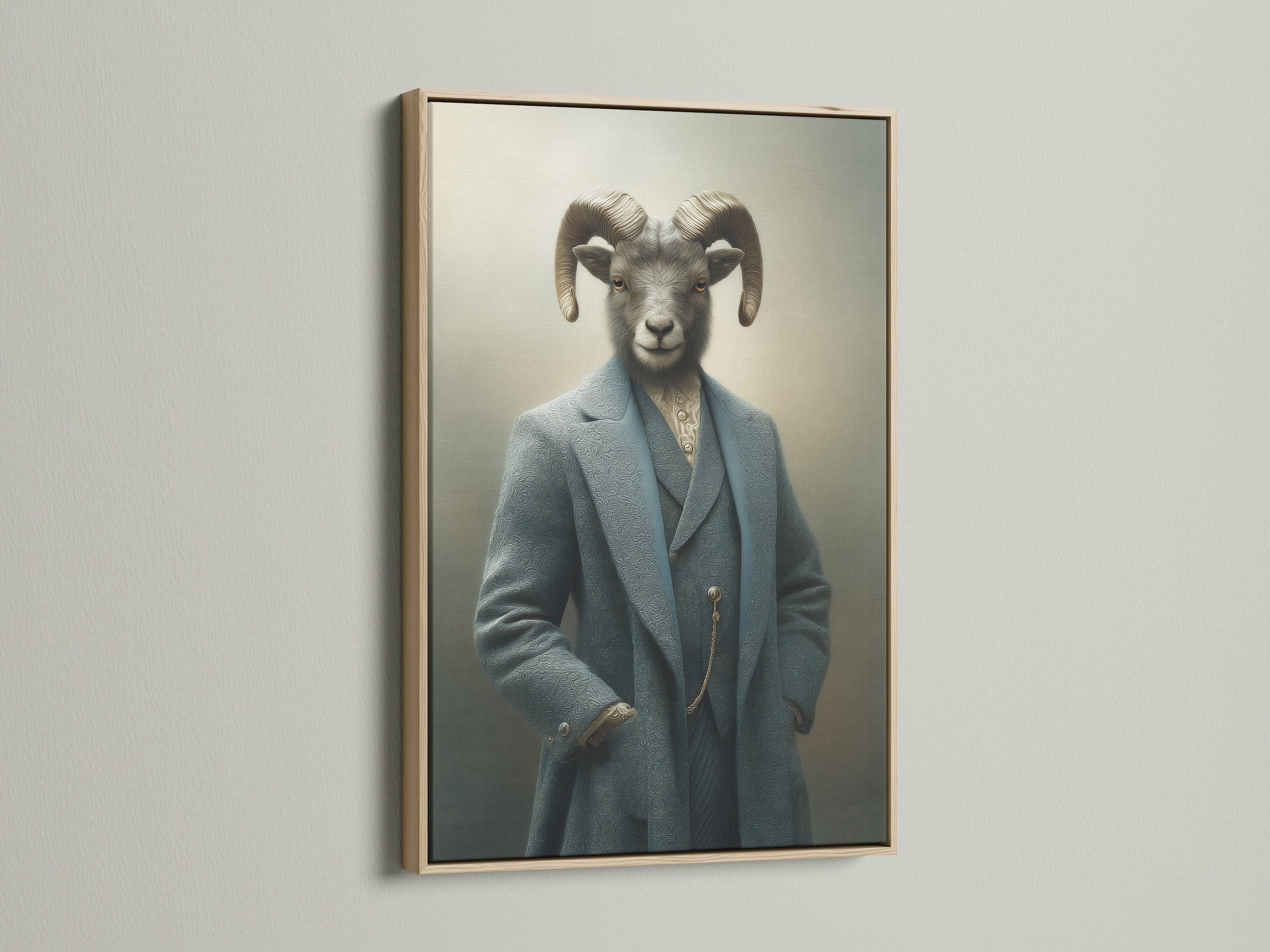 Ram Portrait canvas print in an oak frame. This gentleman animal art brings a vintage touch to your walls. Ideal for study rooms offices or creative studios. This anthropomorphic artwork adds character and charm to any space.