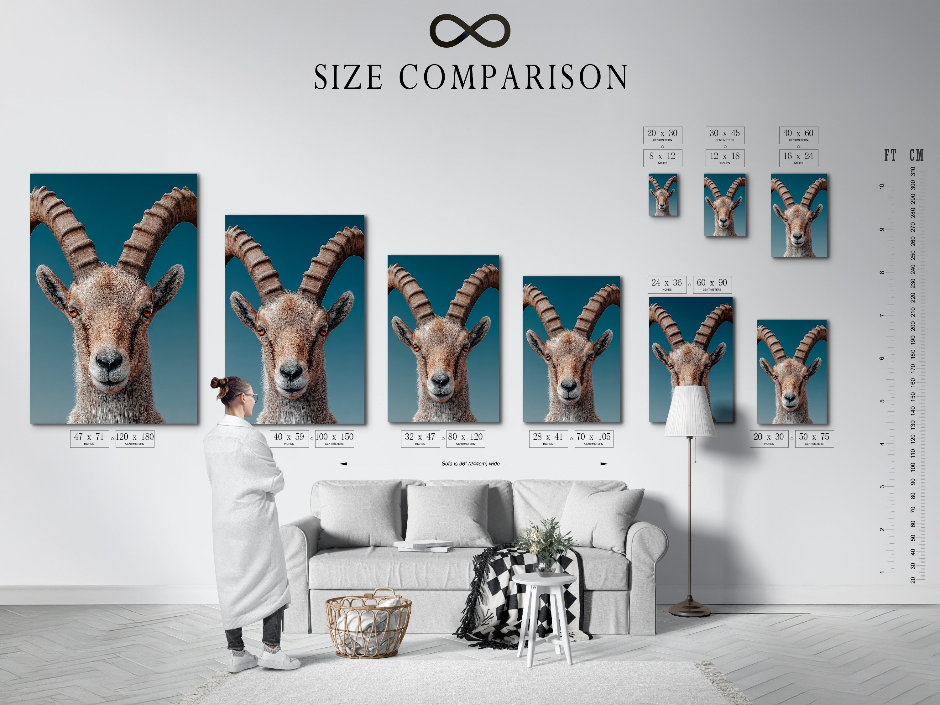 A size comparison chart is displayed in an interior setting. The chart helps visualize artwork dimensions. It simplifies the process of choosing the right size. Ensure the perfect fit for your space. Find the ideal artwork size for your wall.