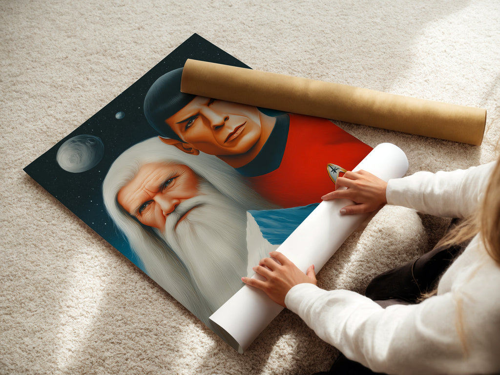 A woman is carefully rolling a fine art poster paper. The paper showcases the Star Trek Spock Vulcan artwork. The art is ideal for creating unique wall displays. The fine art poster paper is a great option for space wall art. Consider this Trekkie gift for your home cinema decor.