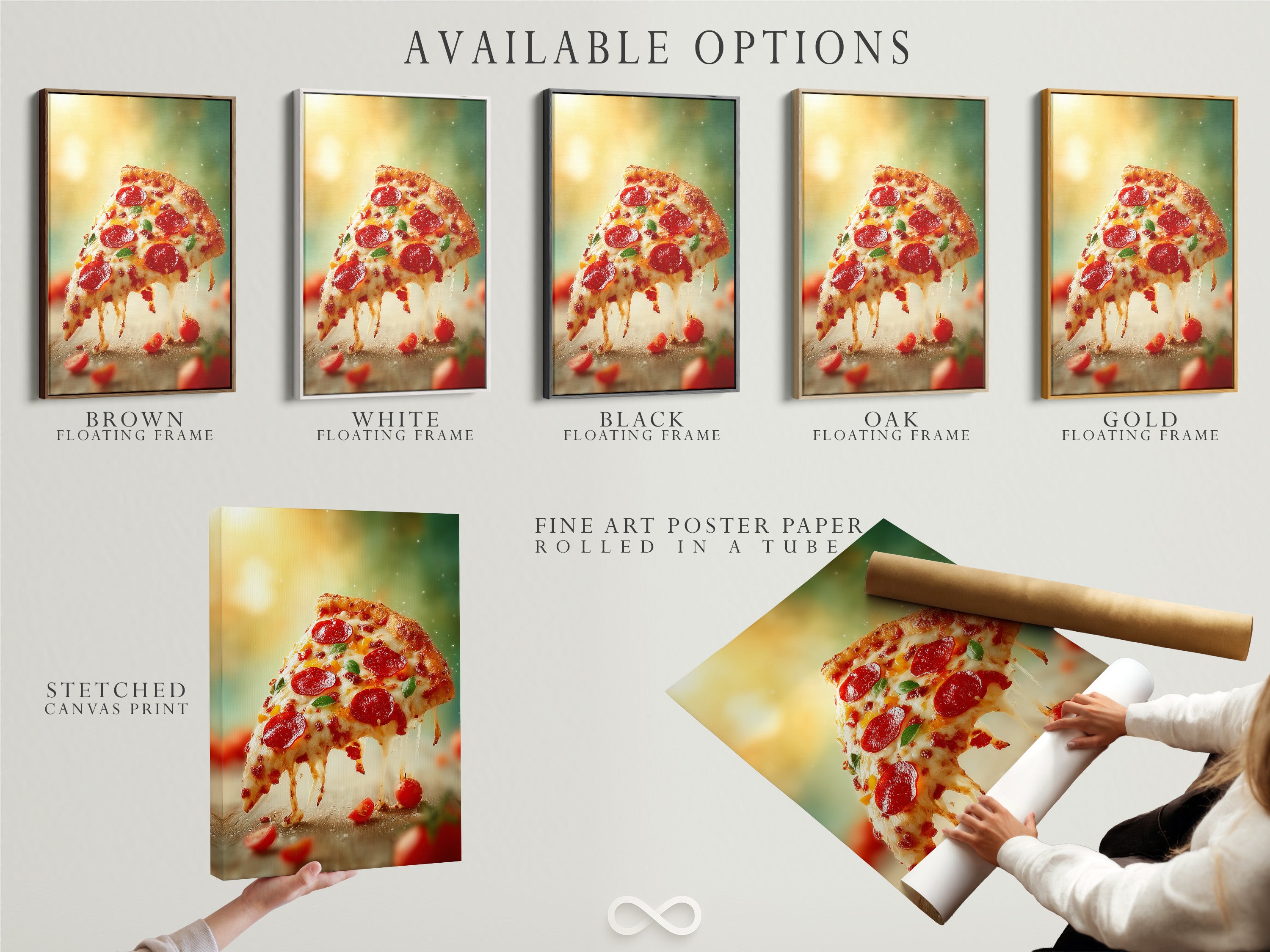 Explore the available options for this pizza artwork. Options include a stretched canvas print fine art poster paper and floating frame. Customize your art to perfectly match your space and style. Create a unique piece for your kitchen dining area or restaurant decor.