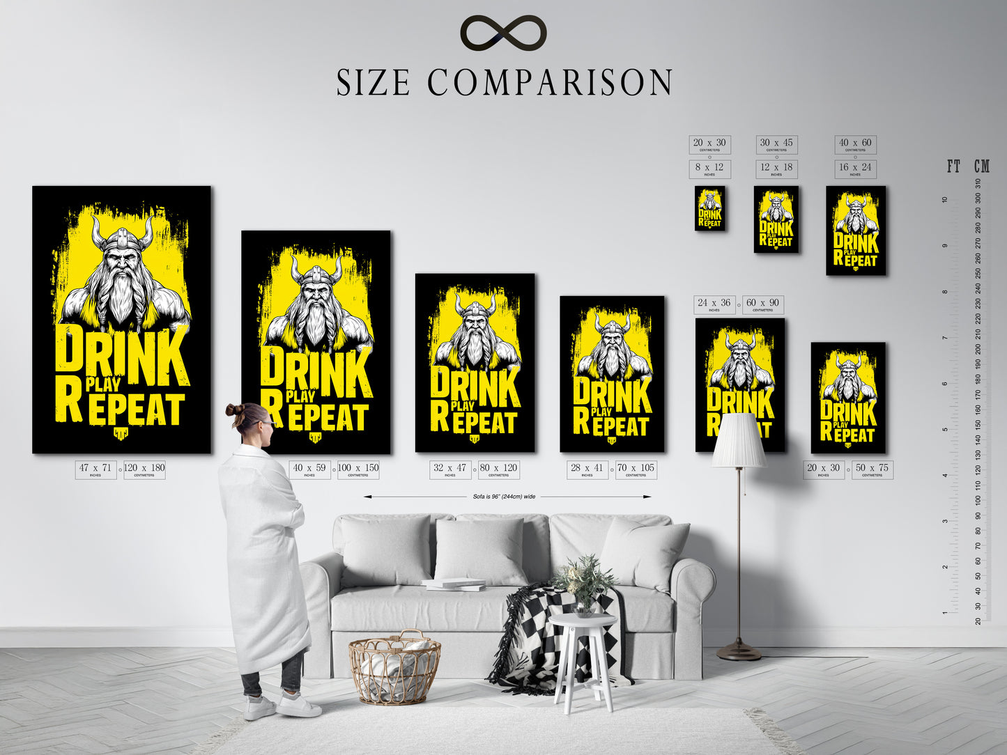 A size comparison chart is displayed in an interior setting. It shows various sizes of the Viking Warrior artwork. This Nordic mythology print is great for man cave decor. The chart helps visualize the perfect size for any room. Plan your wall art effectively.