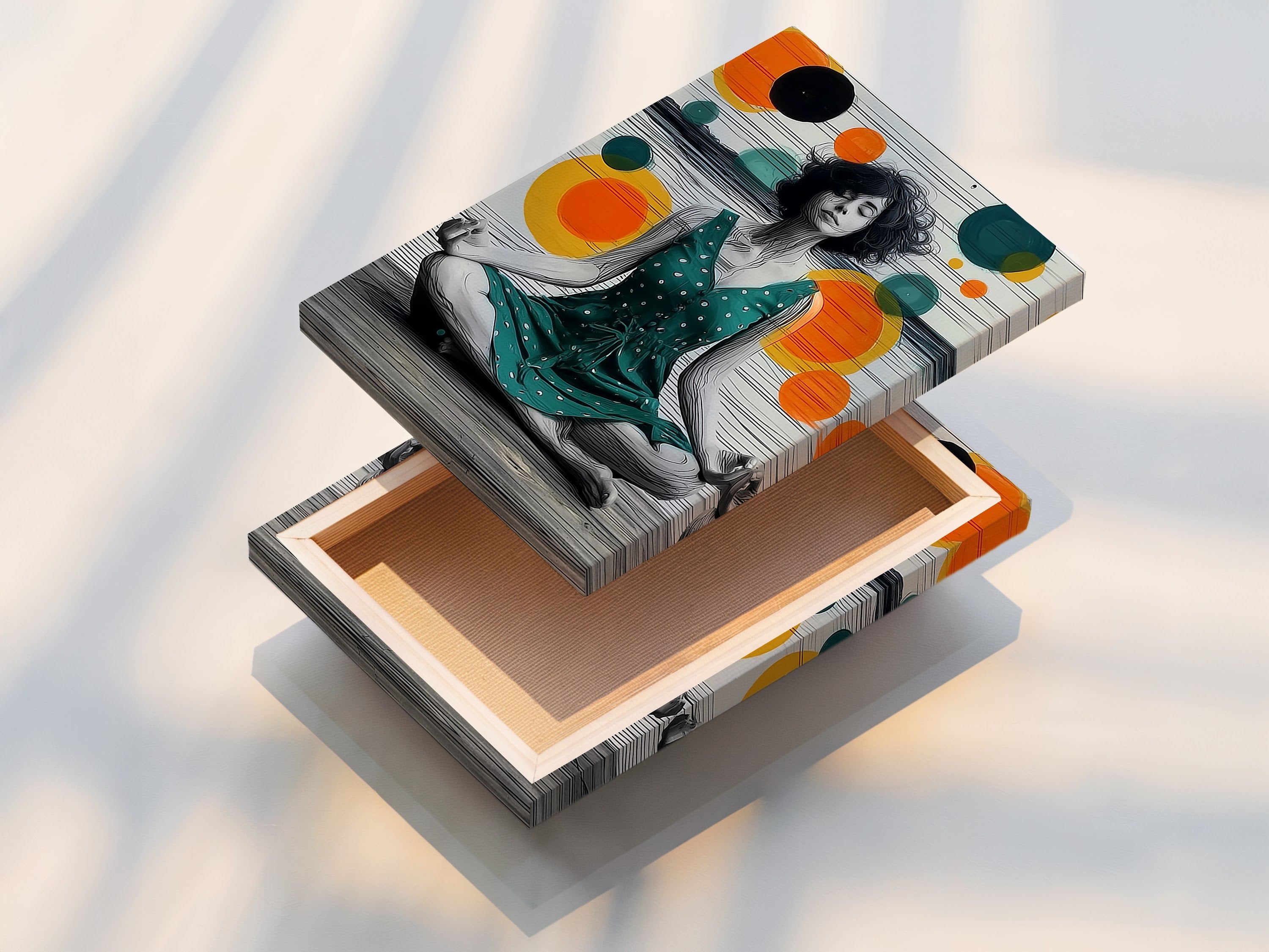 Stretched canvas print featuring Boho Yoga Canvas Wall Art. This ready-to-hang artwork brings a touch of bohemian style to any space. It features a teal and orange abstract female figure.