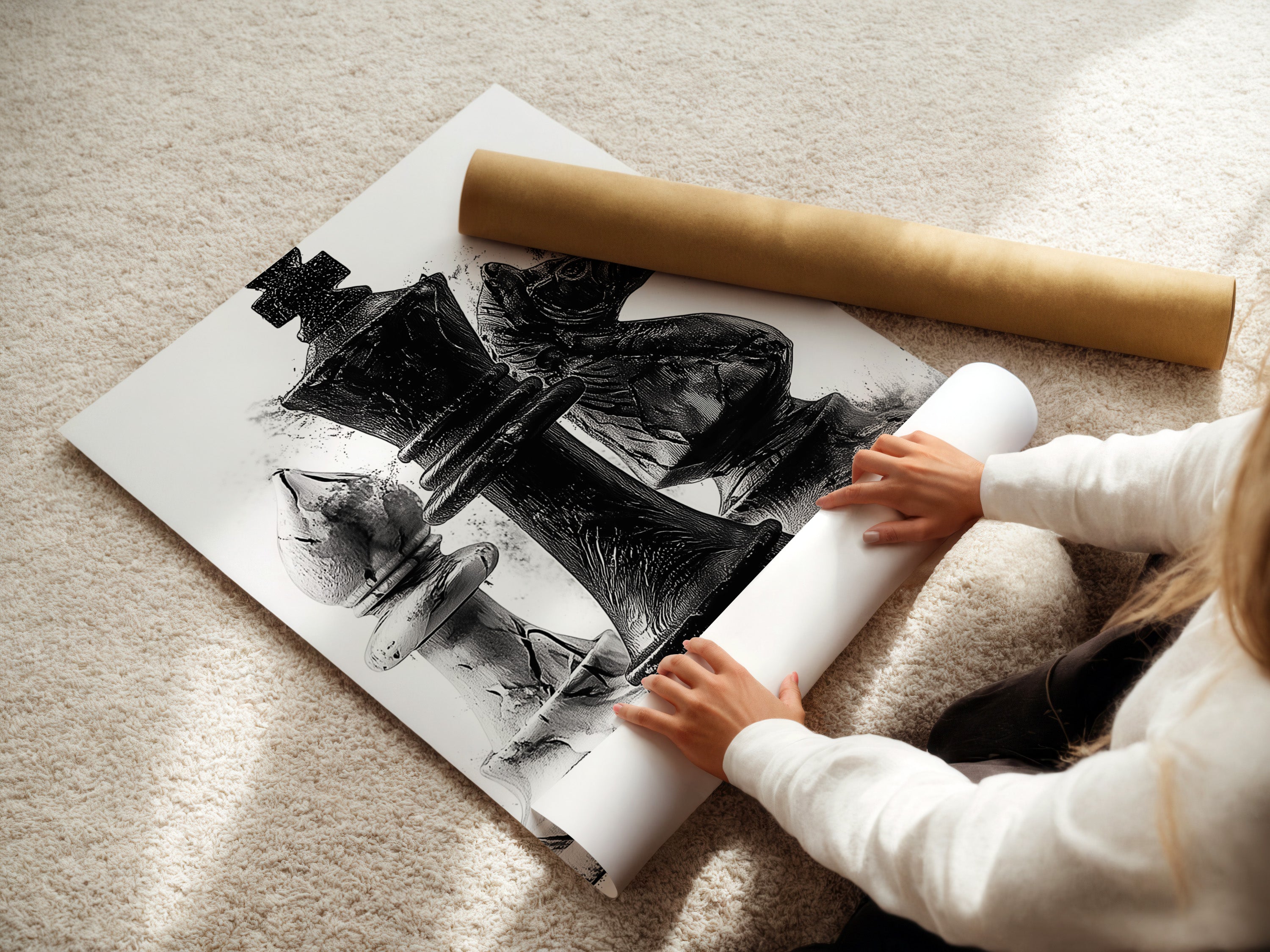 A woman is carefully rolling a fine art poster paper. She handles the material with care. The paper is high-quality and ready for display. This ensures the artwork is protected during handling. The process highlights the attention to detail. A fine art poster paper is a great option.
