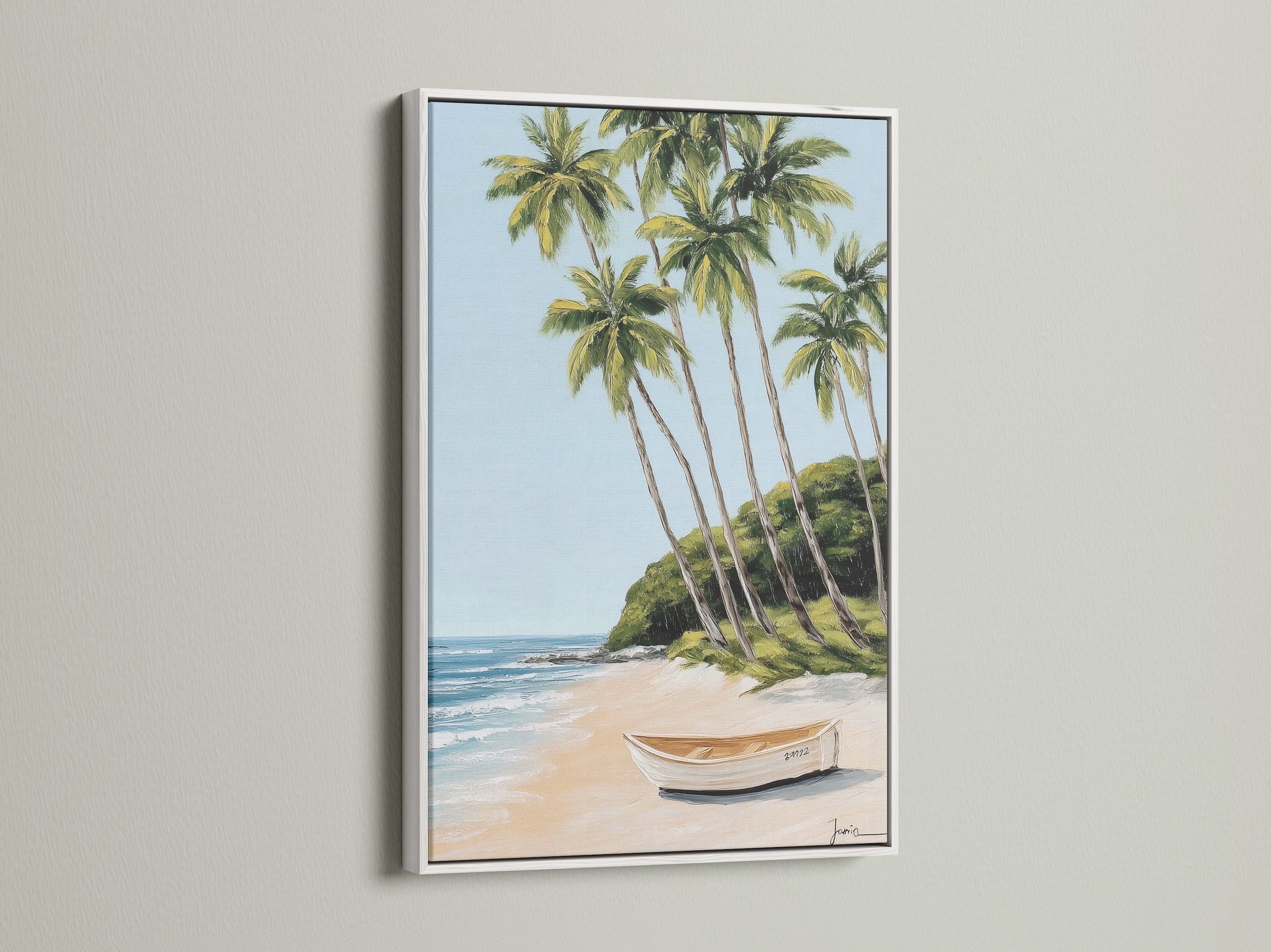 Tropical beach artwork showcased in a white frame. The artwork features a serene beach scene with palm trees. The white frame enhances the artwork's clean coastal aesthetic. This artwork is ideal for creating a calming atmosphere.