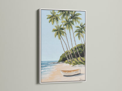 Tropical beach artwork showcased in a white frame. The artwork features a serene beach scene with palm trees. The white frame enhances the artwork's clean coastal aesthetic. This artwork is ideal for creating a calming atmosphere.