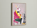 Whimsical Animal Wall Art in an oak frame. This contemporary mixed media canvas features a rabbit playing the piano. Ideal for music room decor. A quirky and colorful addition to any space. Discover modern animal art today.