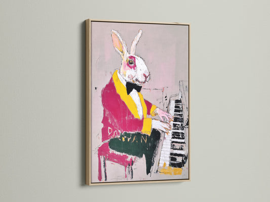 Whimsical Animal Wall Art in an oak frame. This contemporary mixed media canvas features a rabbit playing the piano. Ideal for music room decor. A quirky and colorful addition to any space. Discover modern animal art today.