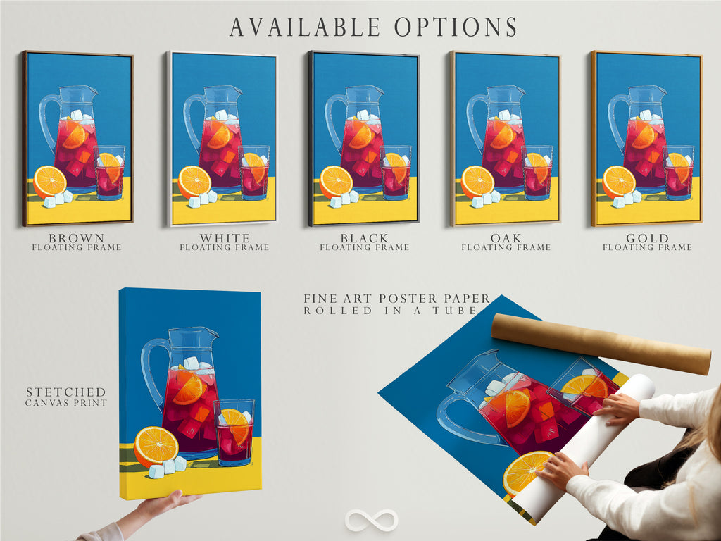 Available options include stretched canvas print. Also available are fine art poster paper and floating frame. Choose your preferred style. Customize your artwork to match your taste. Explore all options for the Sangria Pitcher art.