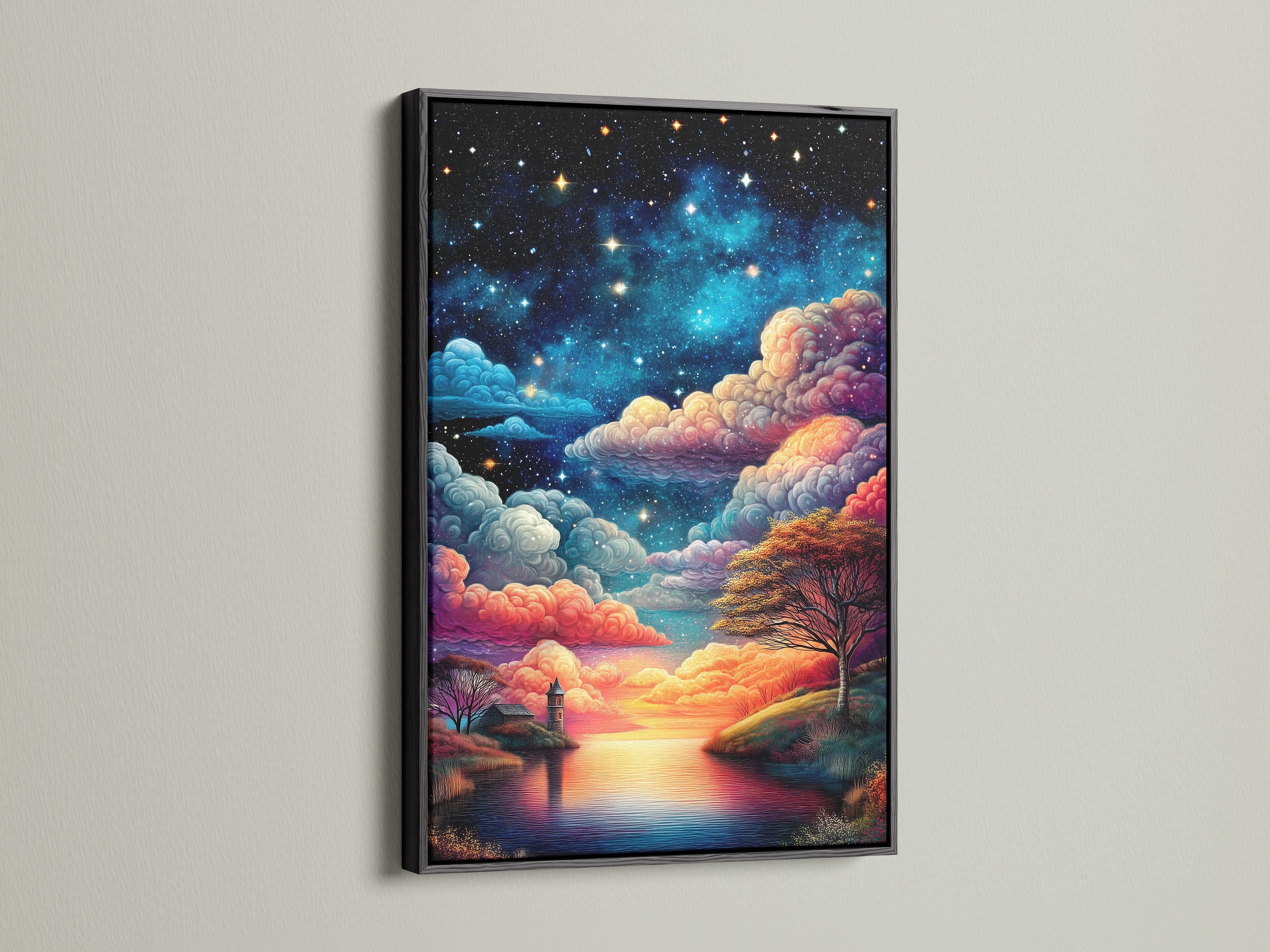 Starry Night canvas art in a black frame. This piece showcases a dreamy lake landscape. The celestial artwork adds a modern touch to your space. A stunning night sky print that elevates any interior. This artwork is great for studios