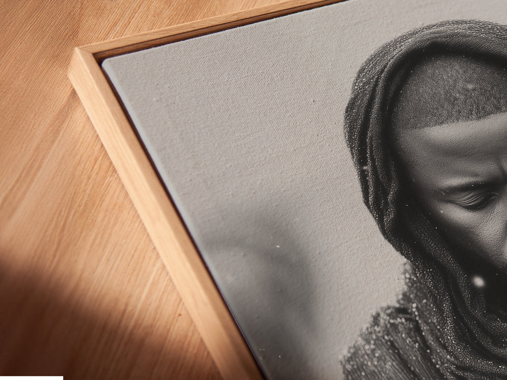 A close-up of a canvas print in a floating frame. The floating frame gives the artwork a modern and elegant look. This framing style allows the artwork to stand out. It creates a visually stunning display. Perfect for adding a touch of sophistication to any space in your home.