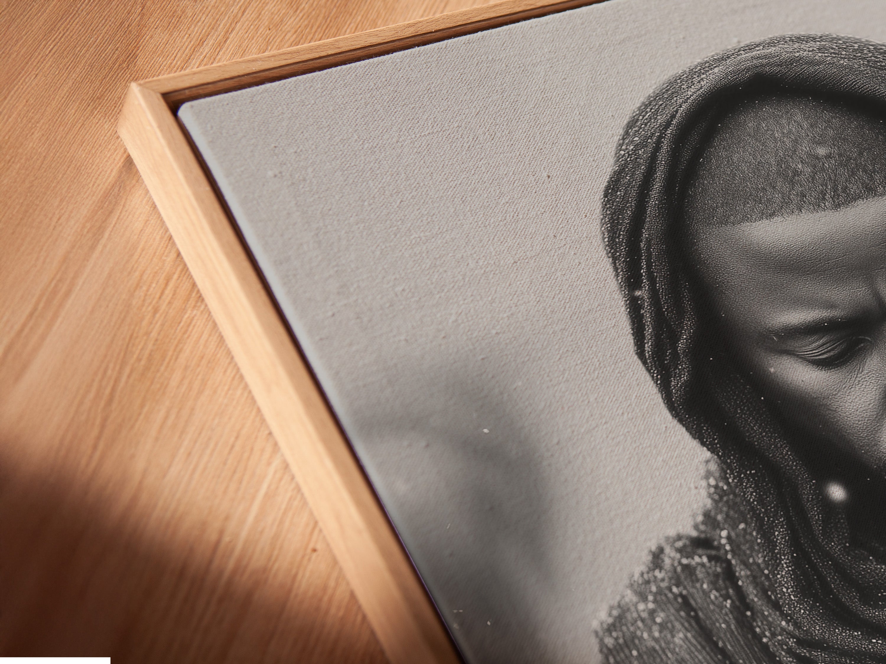 A close-up of a canvas print in a floating frame. The floating frame gives the artwork a modern and elegant look. This framing style allows the artwork to stand out. It creates a visually stunning display. Perfect for adding a touch of sophistication to any space in your home.