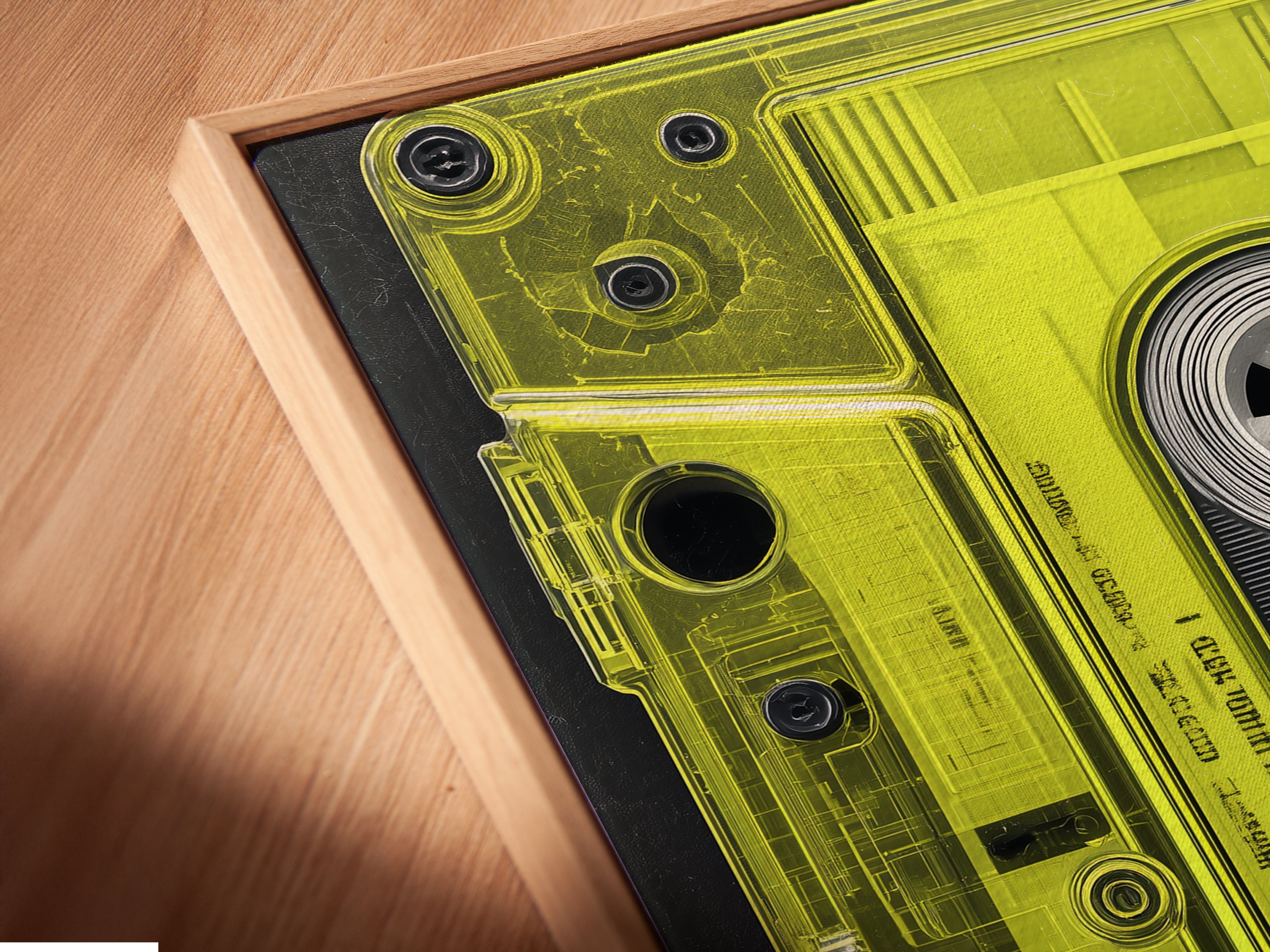 Close-up of a Vintage Cassette Tape canvas print in a floating frame. The retro music art is highlighted by the frame. The neon green art stands out. Enhance your music room with this unique piece. A great 80s nostalgia art.