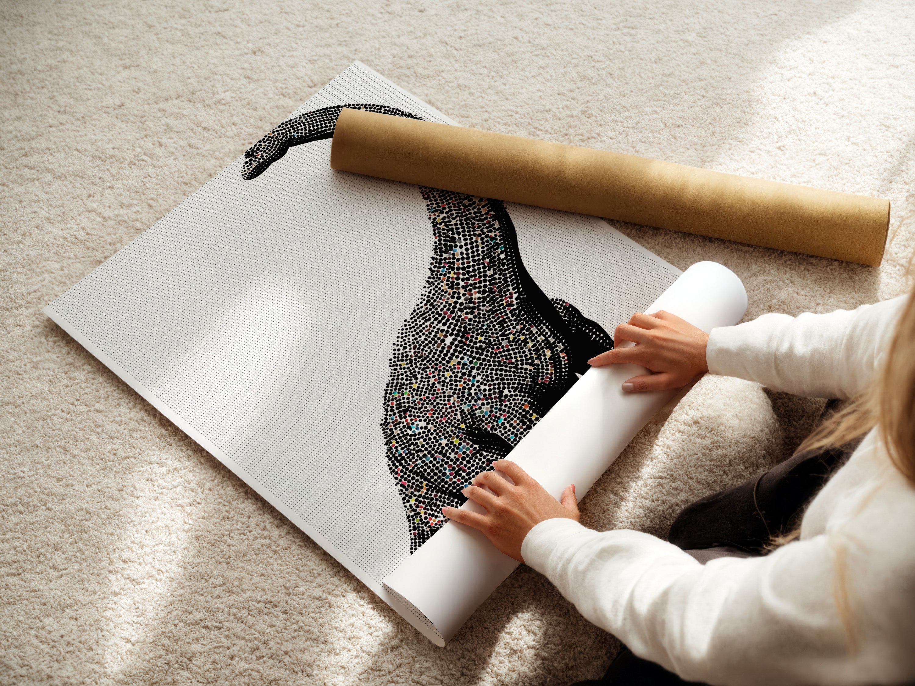 A woman is rolling a fine art poster paper featuring a minimalist brontosaurus artwork. This dinosaur wall art is perfect modern nursery decor. It's elevated contemporary wall decor.