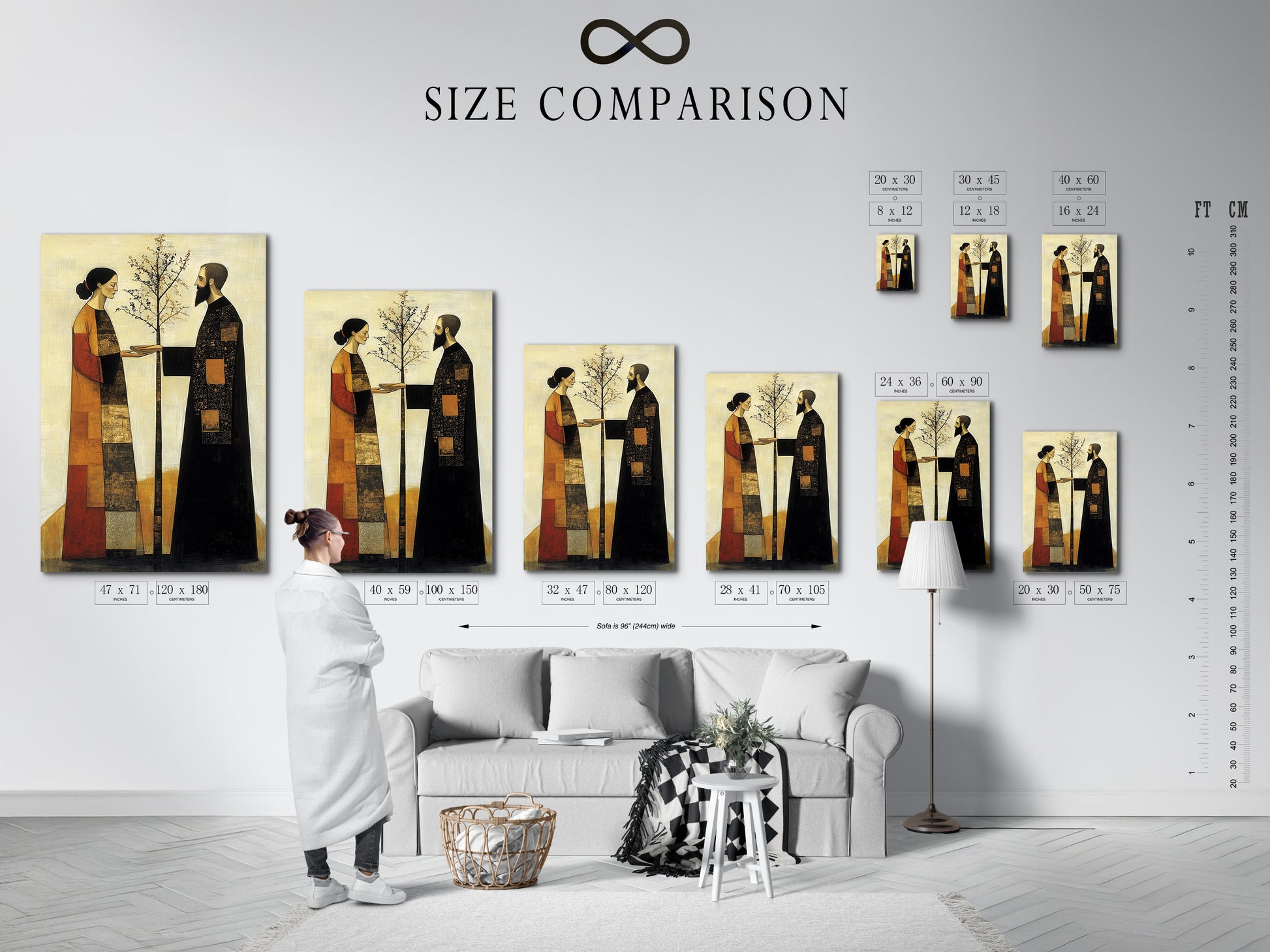 A size comparison chart in an interior setting displays modern folk art. The canvas print shows a couple planting a tree. This contemporary artwork has earthy tones. It is great for bedroom decor and is perfect for art lovers.