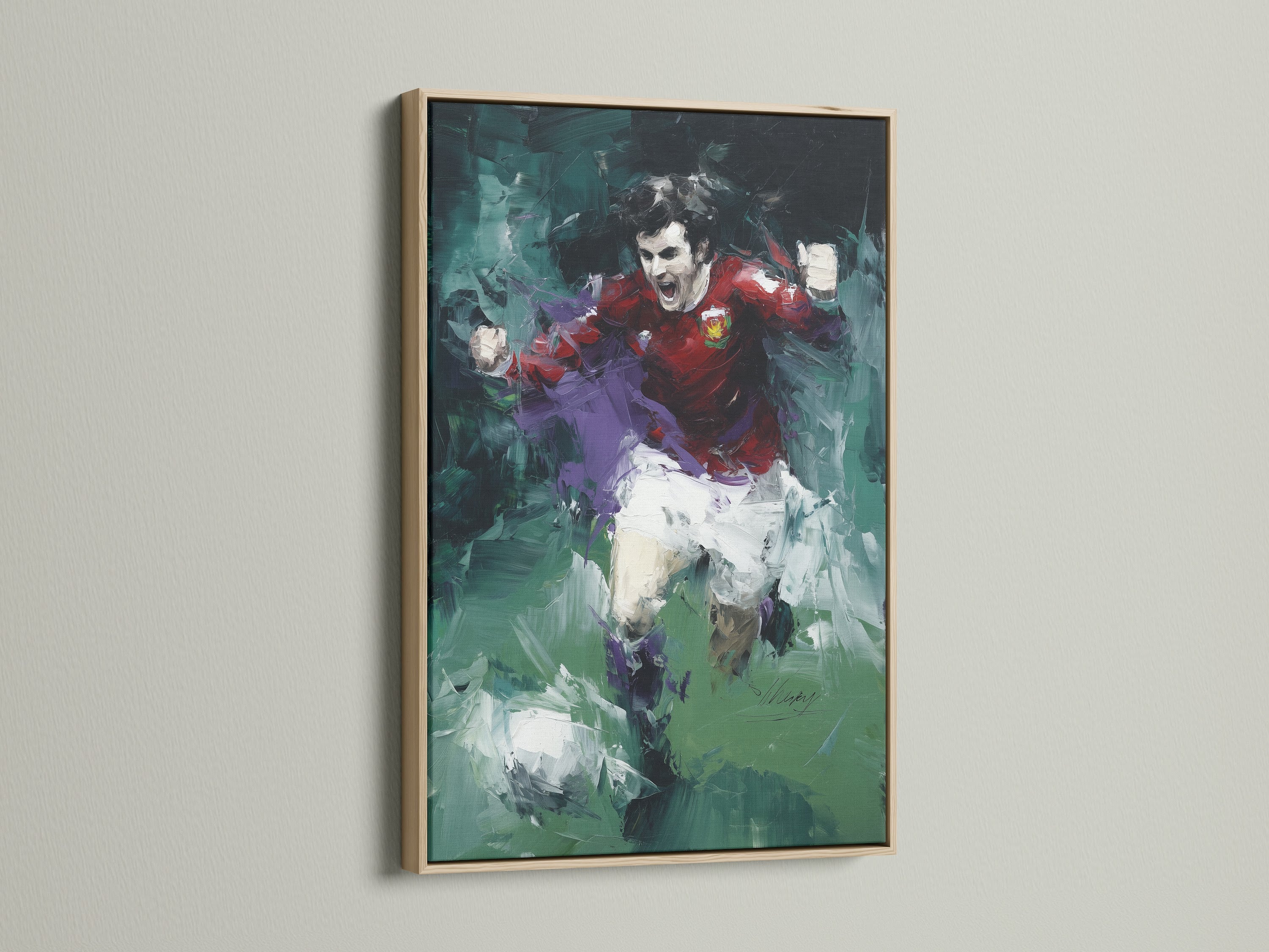 A soccer player canvas art piece with an abstract sports theme is displayed in an oak frame. The artwork is a dynamic action painting. This sports wall art adds a touch of sophistication. It enhances living rooms bedrooms offices or man caves.