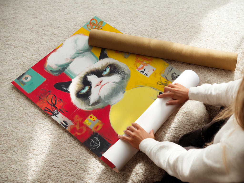 A woman carefully rolls a fine art poster paper. This shows the care and quality. Perfect for preserving the Chef Cat Wall Art. It ensures safe delivery of your funny cat print. Ideal for cat lover gift and home decor.
