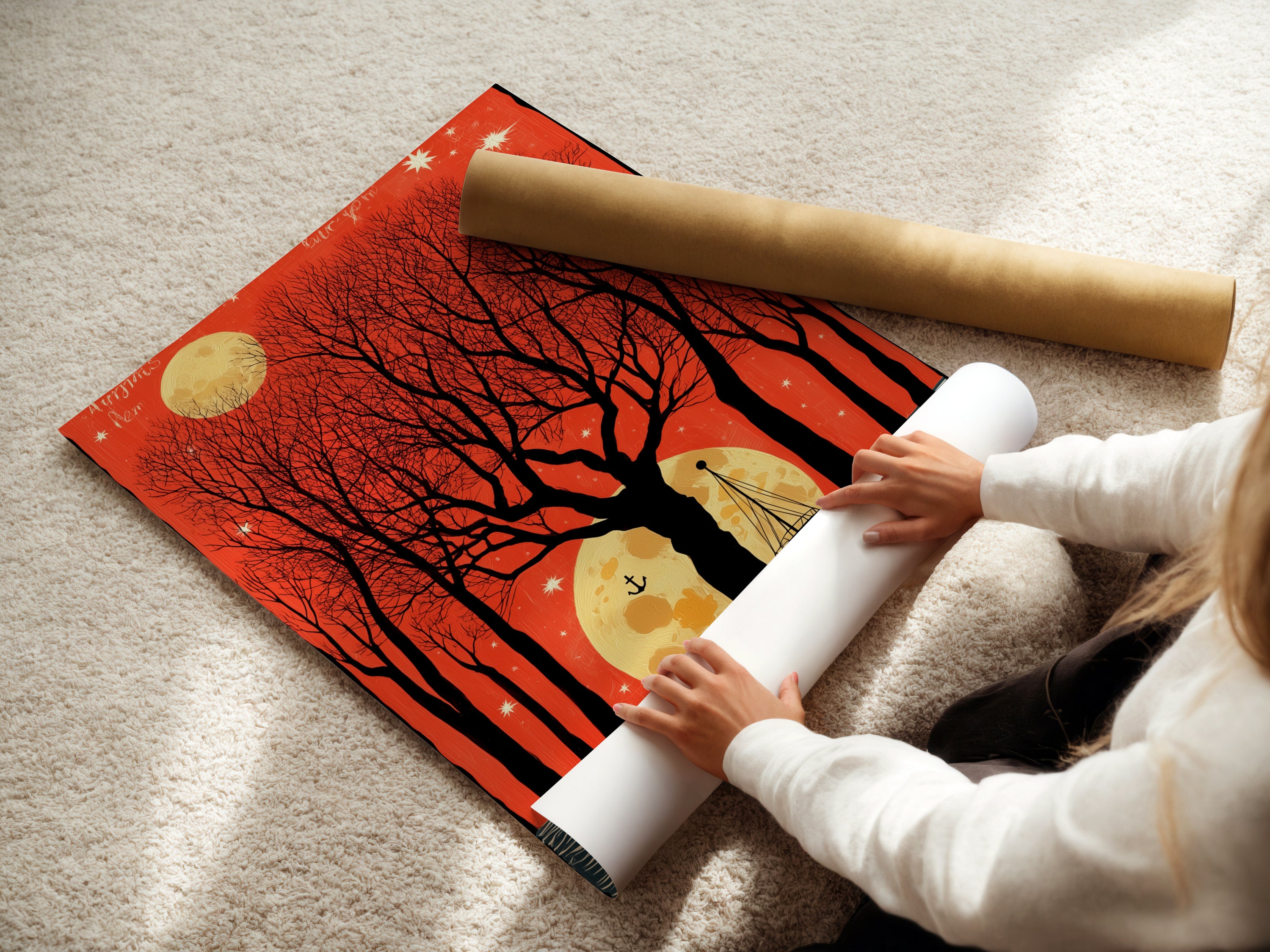 A woman carefully rolling a fine art poster paper. The moonlit boat artwork is printed on high-quality paper. This ensures a vibrant and lasting image. Perfect for framing or displaying as is this print offers a vintage nautical charm.