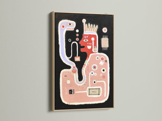 An oak frame showcases abstract monster art. This is a unique and contemporary piece. The wall art features playful creature elements. Ideal for adding a touch of whimsy to your living room decor. Great for modern canvas art.